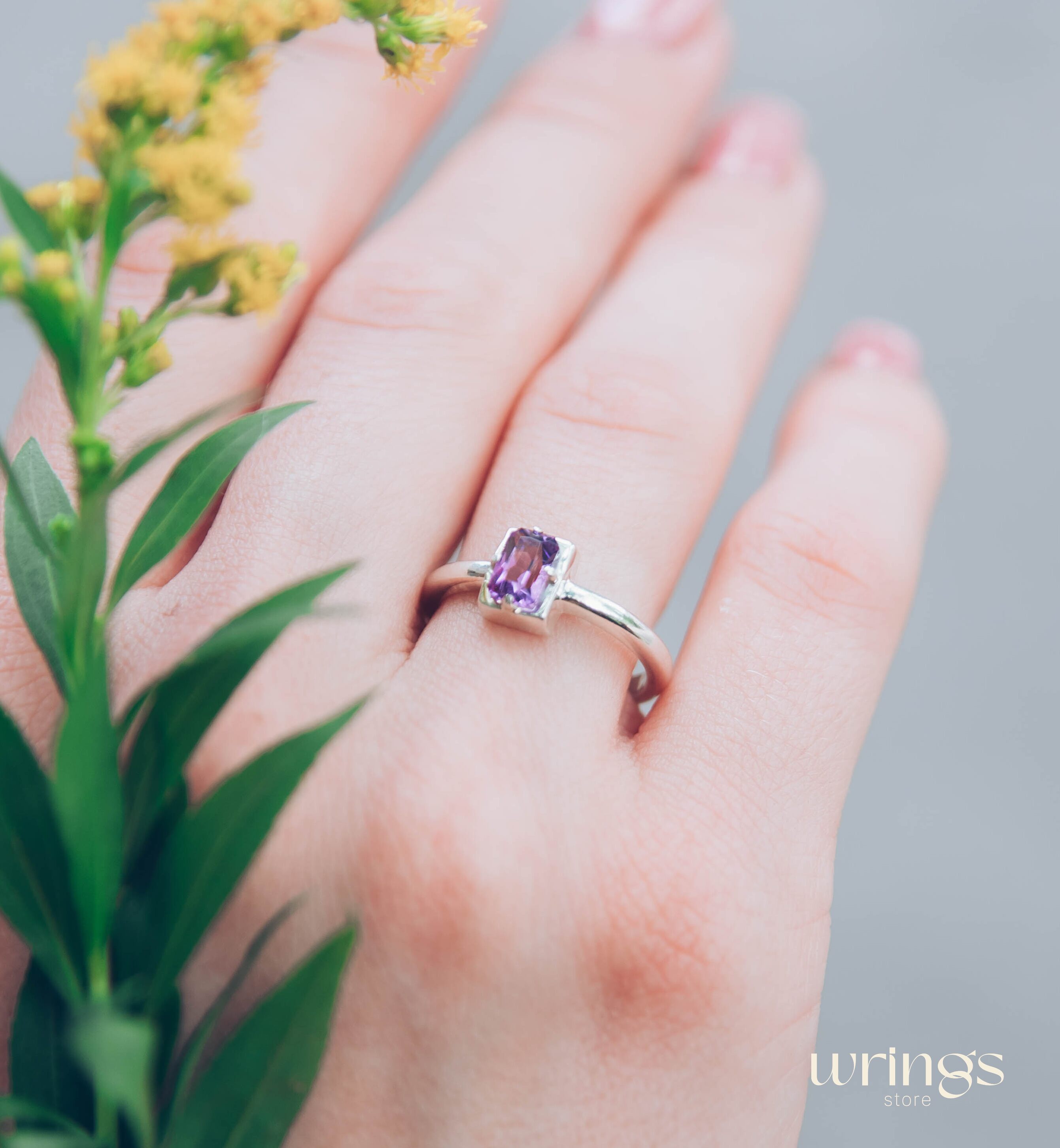 Simple Octagon Solitaire Amethyst Engagement Ring Silver