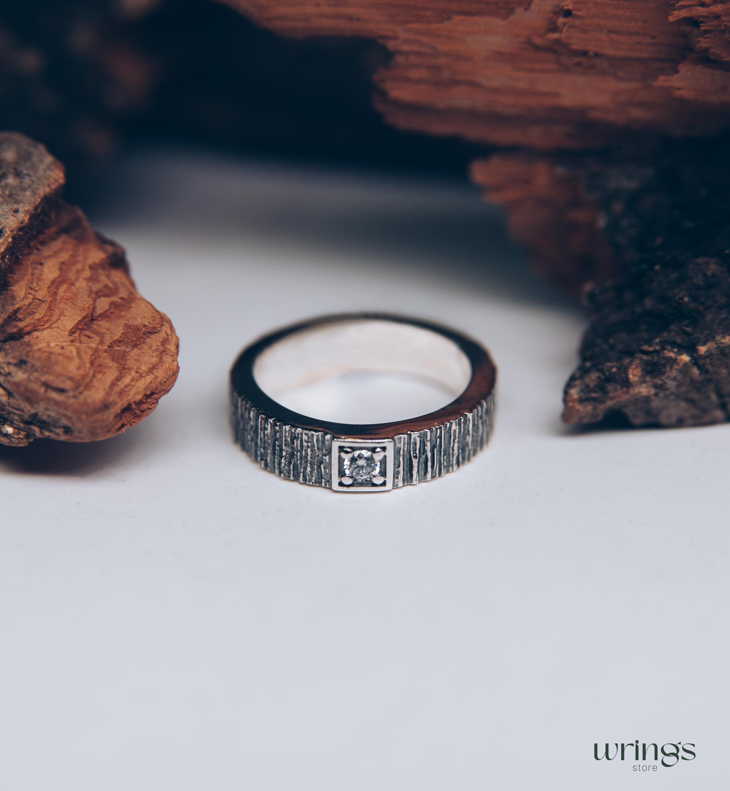 Simple Diamond Men's Wedding Ring band with Tree bark texture