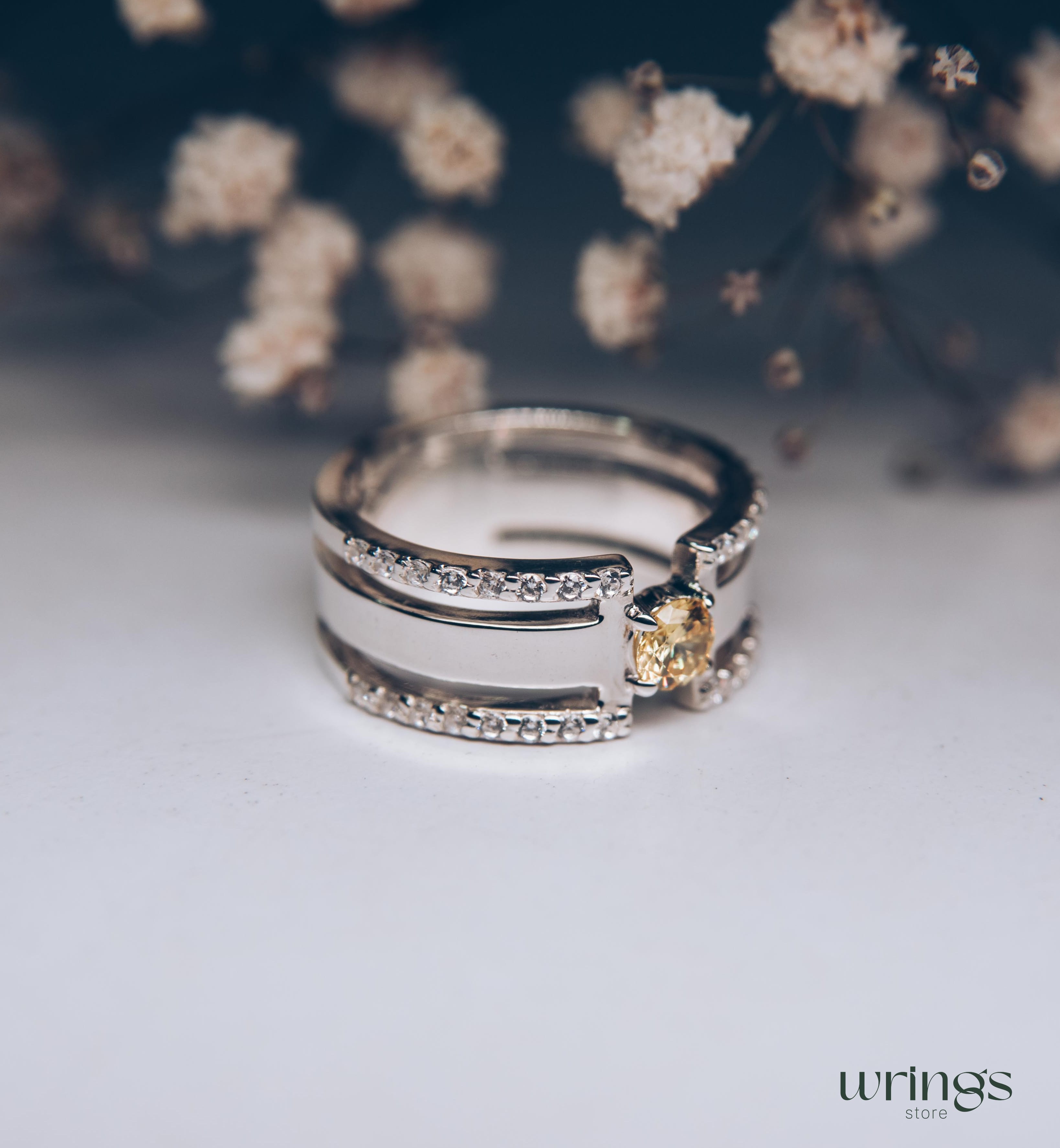 Citrine Engagement Ring Modernist Extra Wide Band Silver