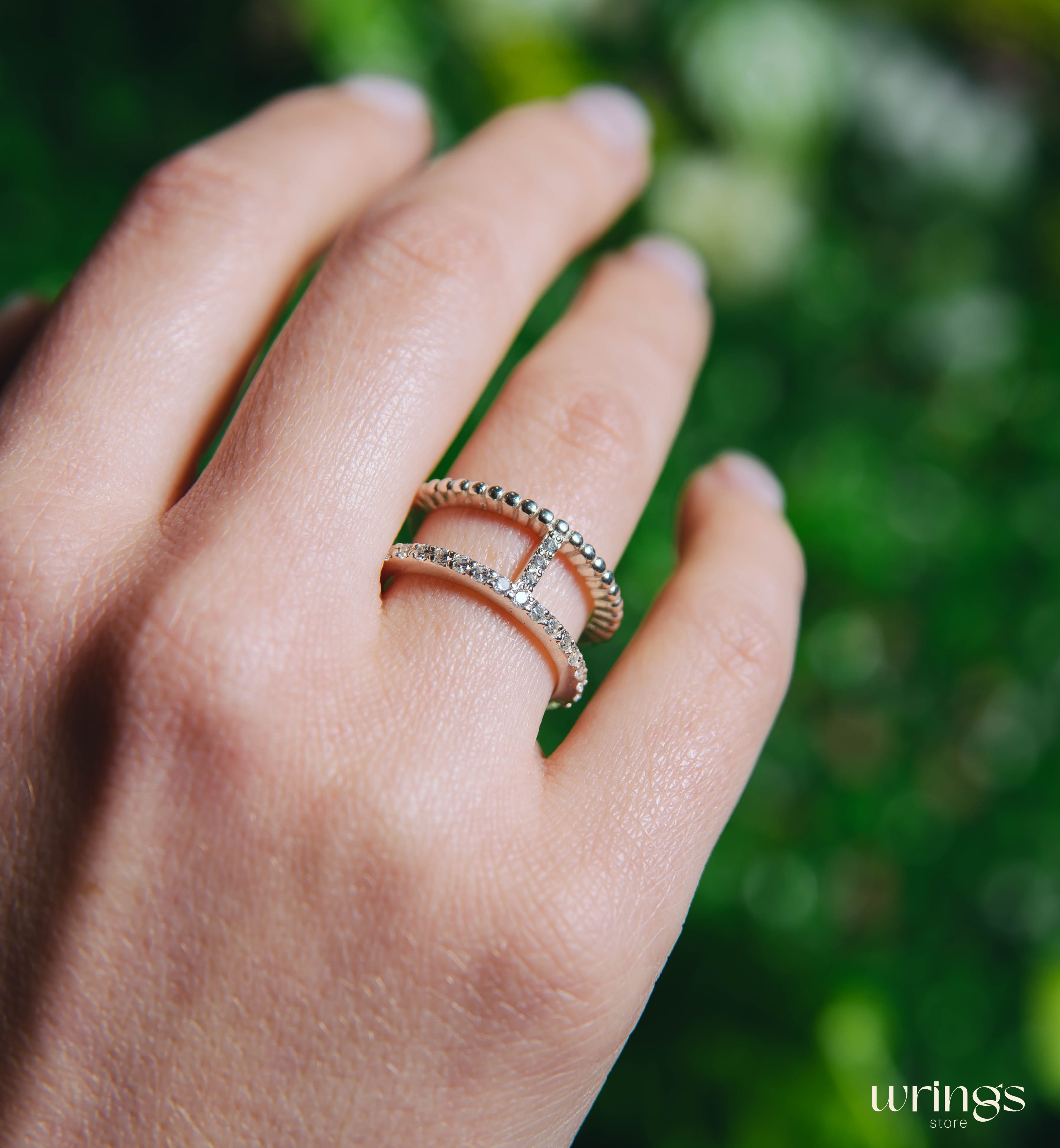 Double Band Statement Ring Diamonds and Beaded Style
