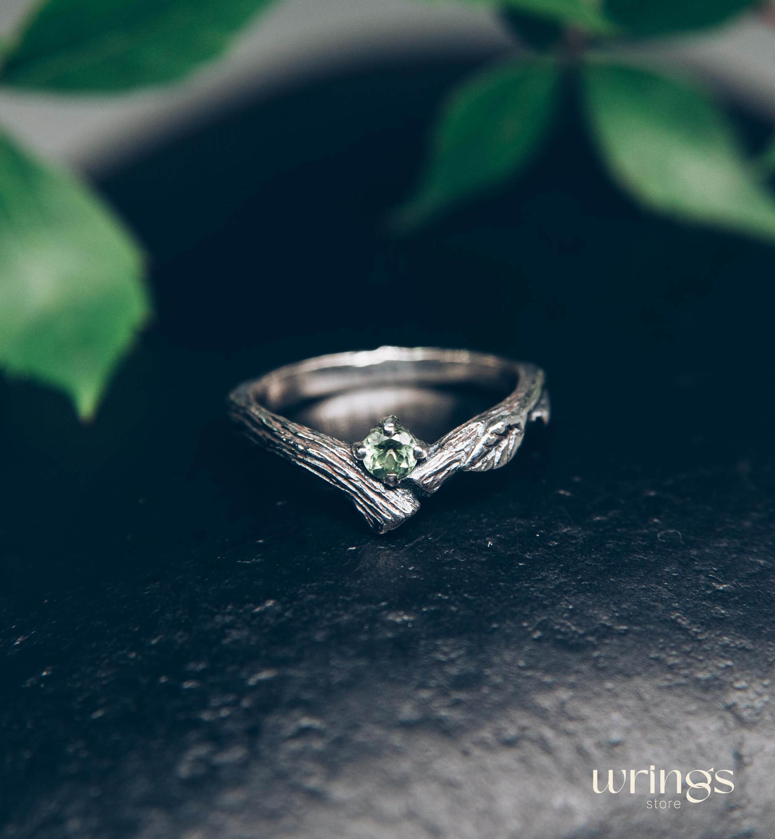 Twig Engagement Ring with Leaves — Peridot Tiny Ring