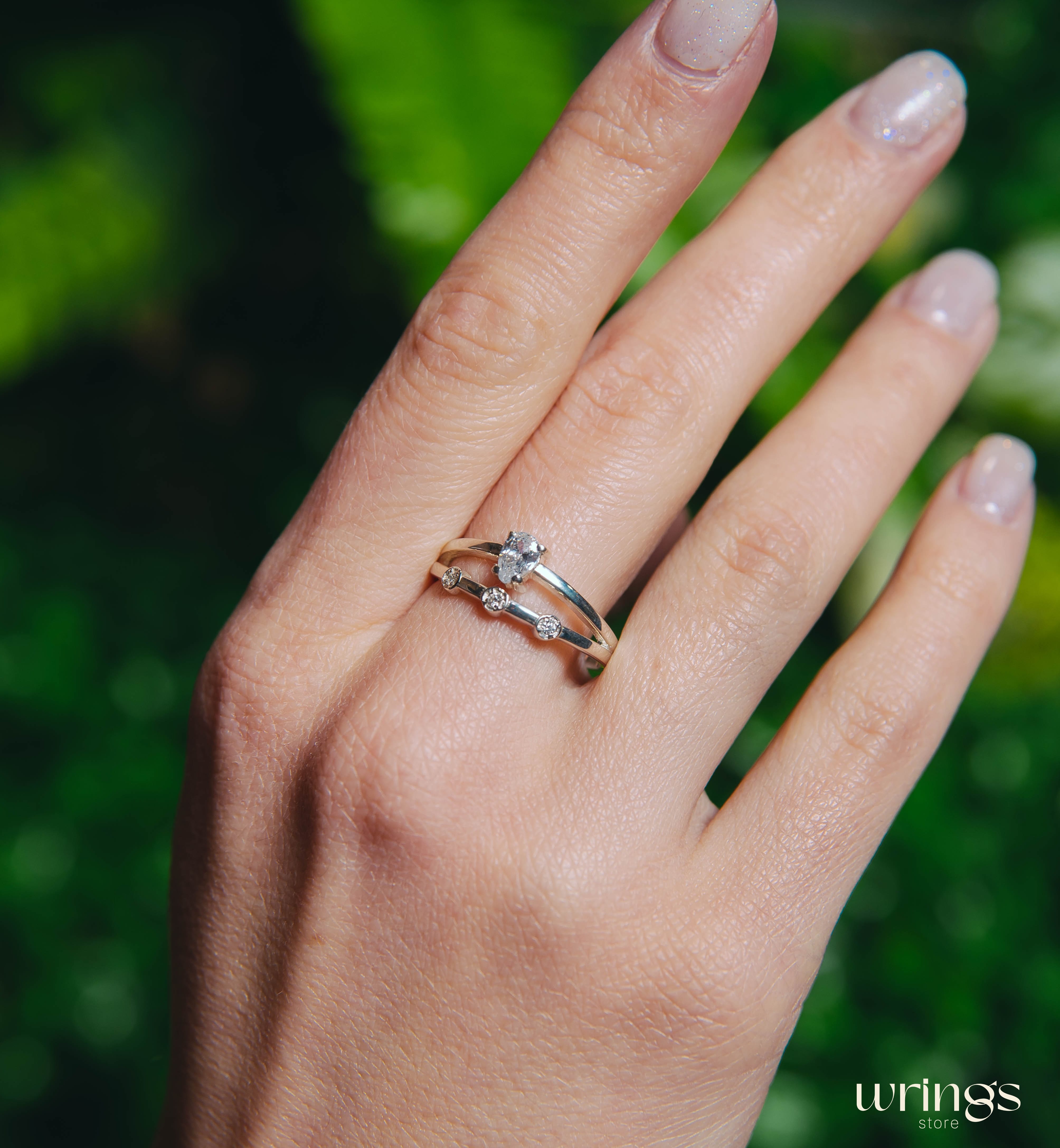 Pear Diamond CZ Double Engagement Ring Band Side Stones