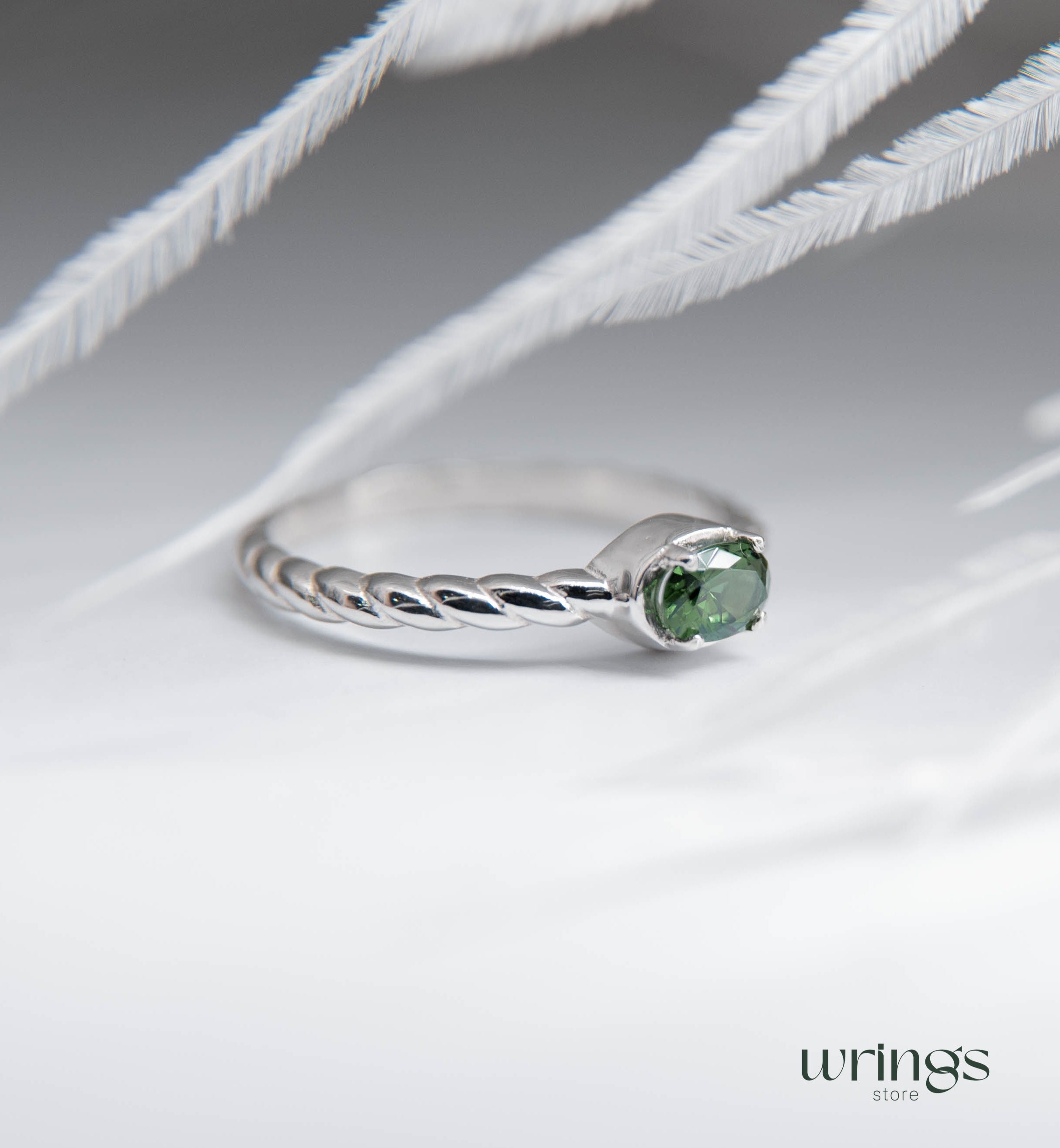 Oval Green Stone Rope Band Engagement Ring Silver