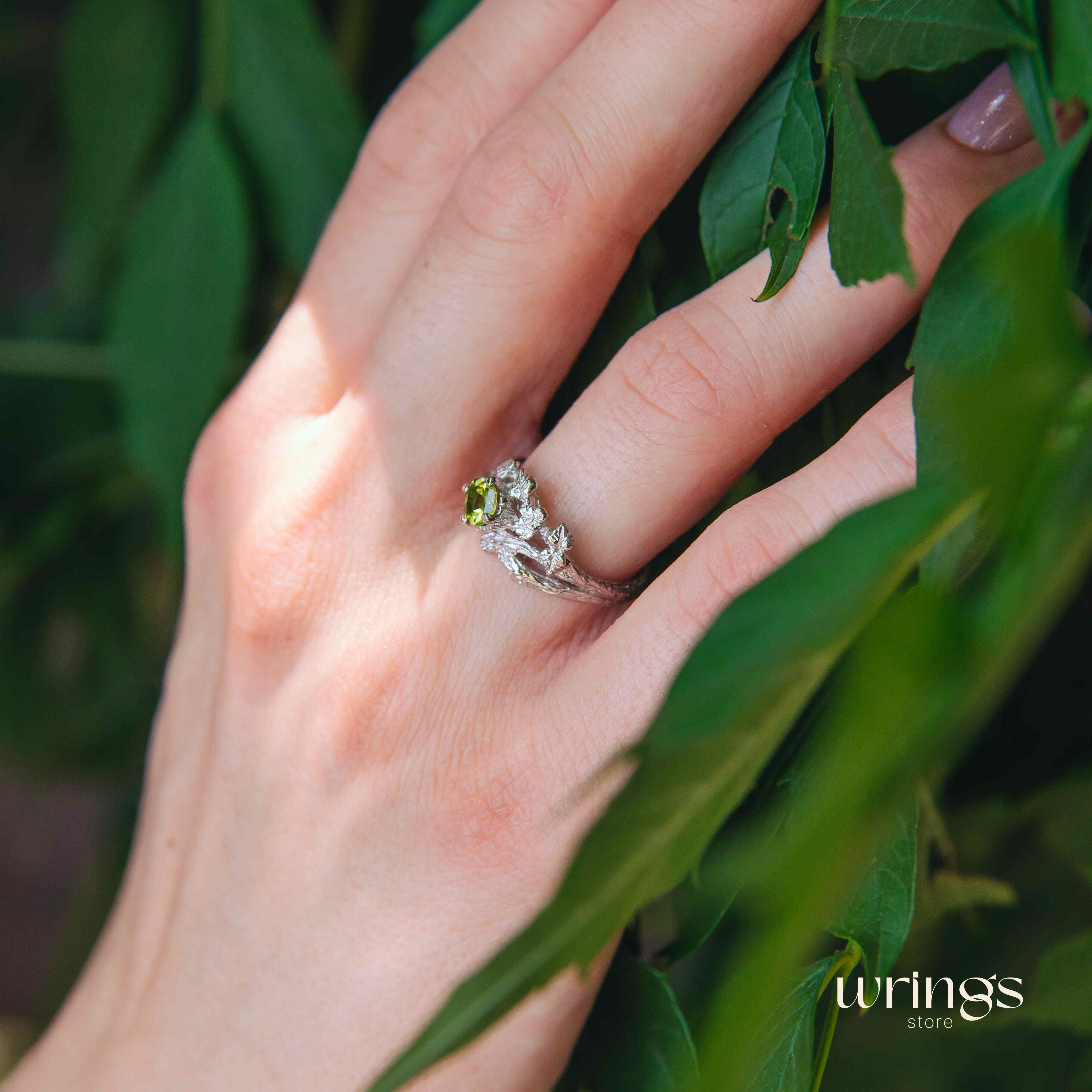 Peridot on Split Branch Leaf Silver Engagement Ring