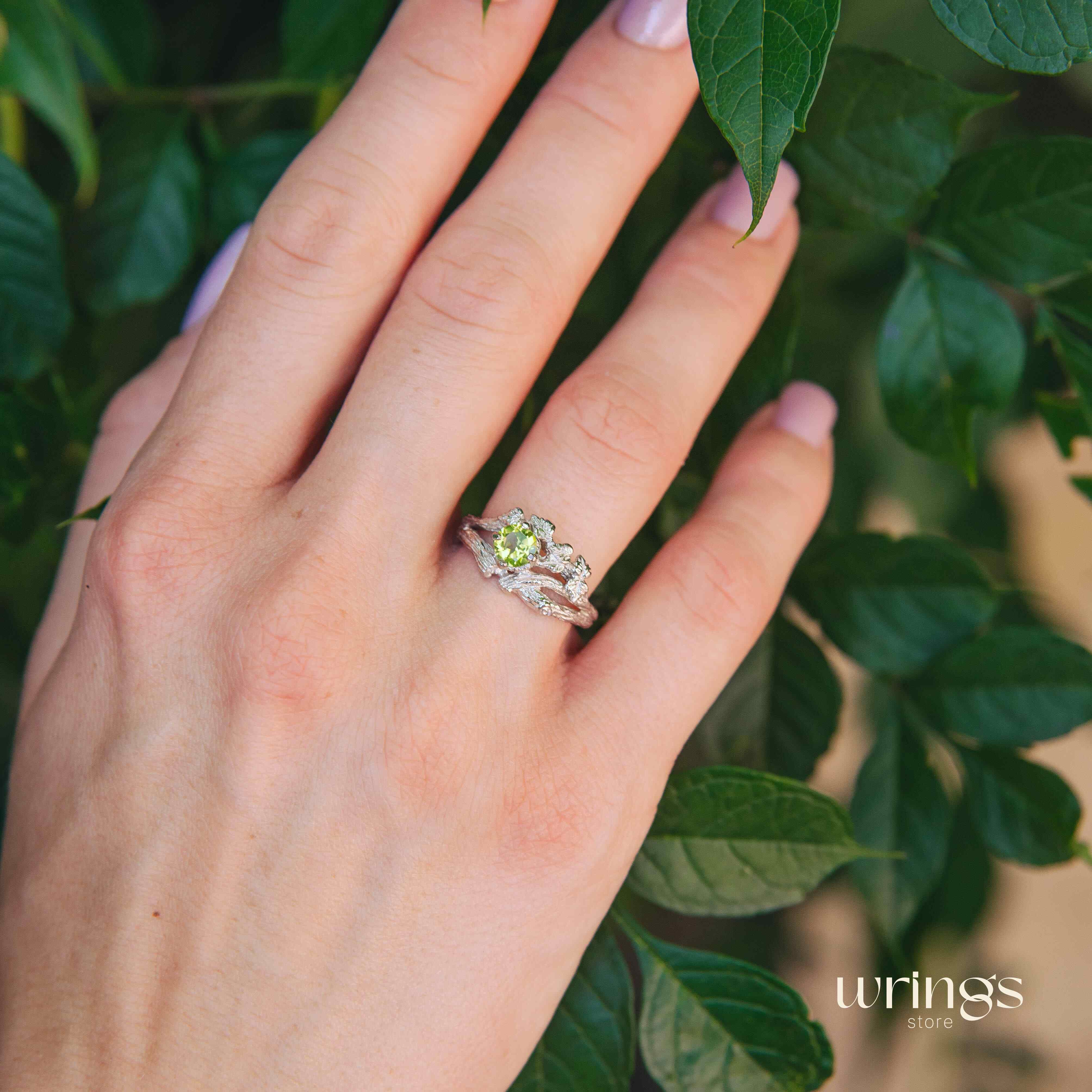 Peridot on Split Branch Leaf Silver Engagement Ring