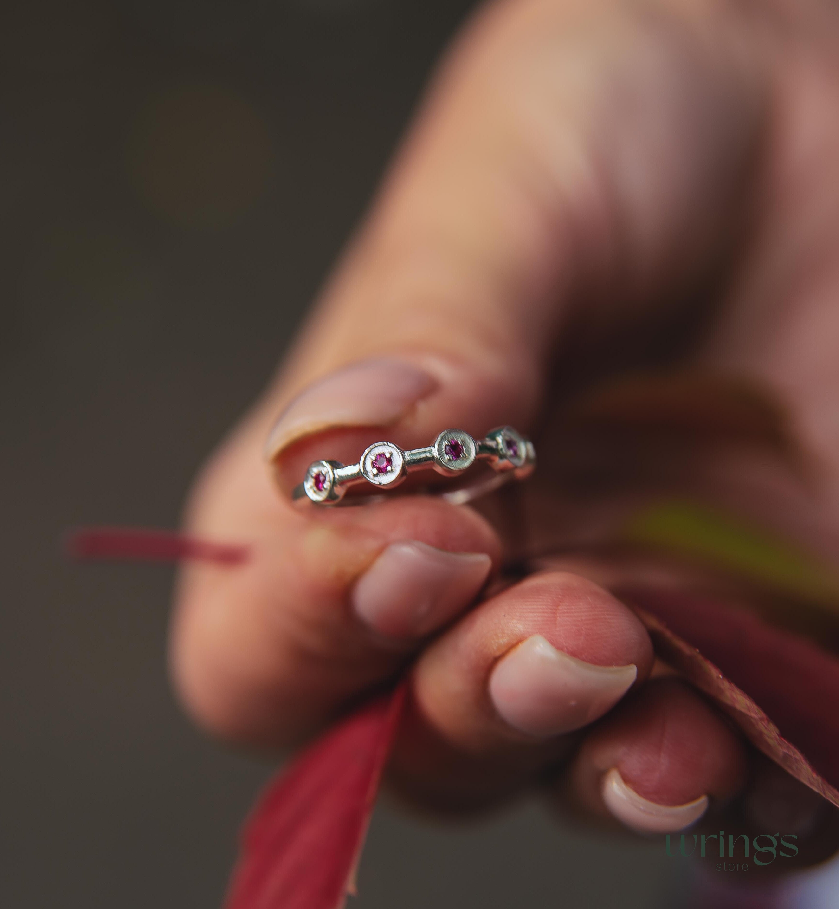 Dainty Rubies in 5 Small Dots Stackable Ring Silver