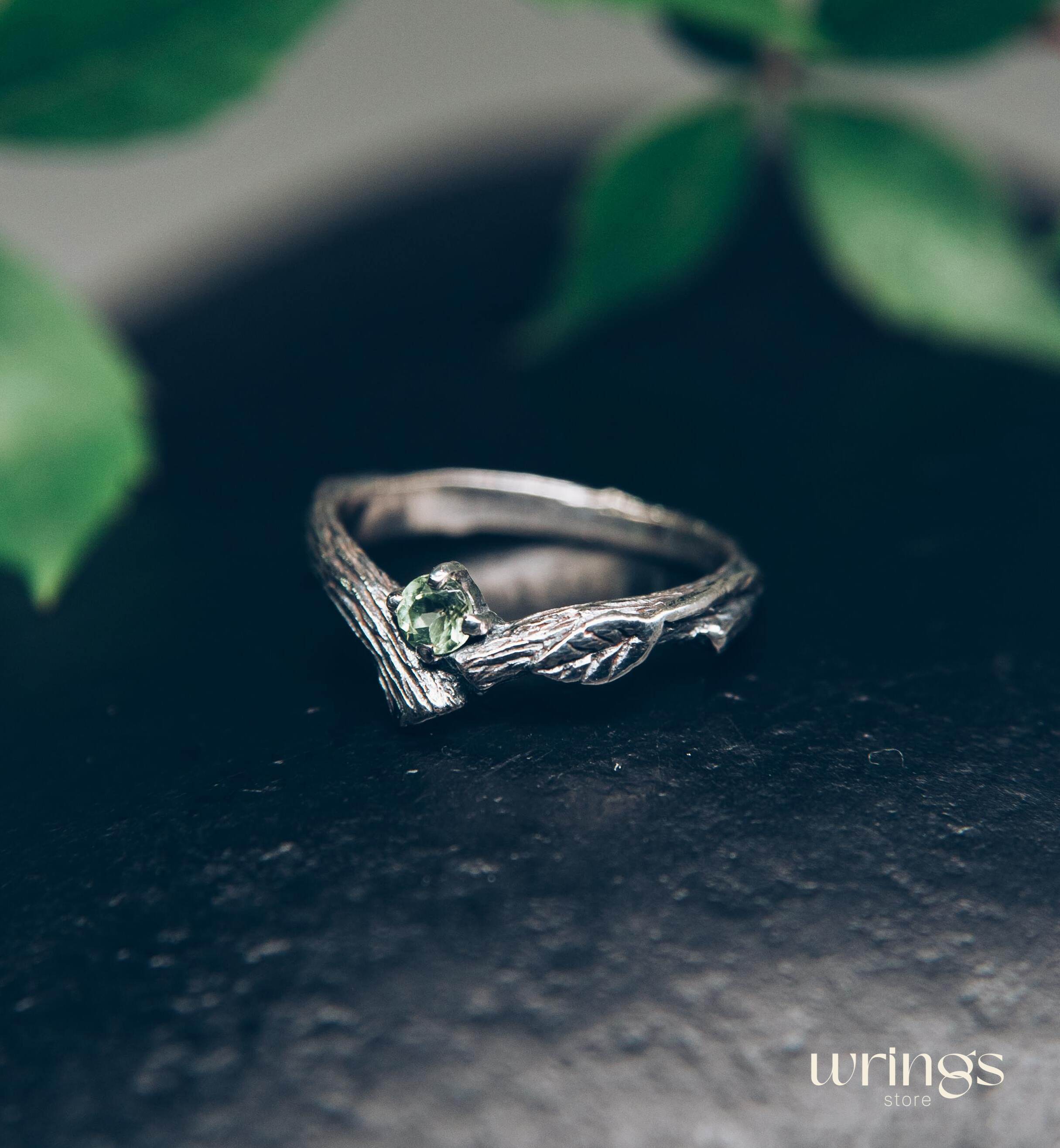 Twig Engagement Ring with Leaves — Peridot Tiny Ring