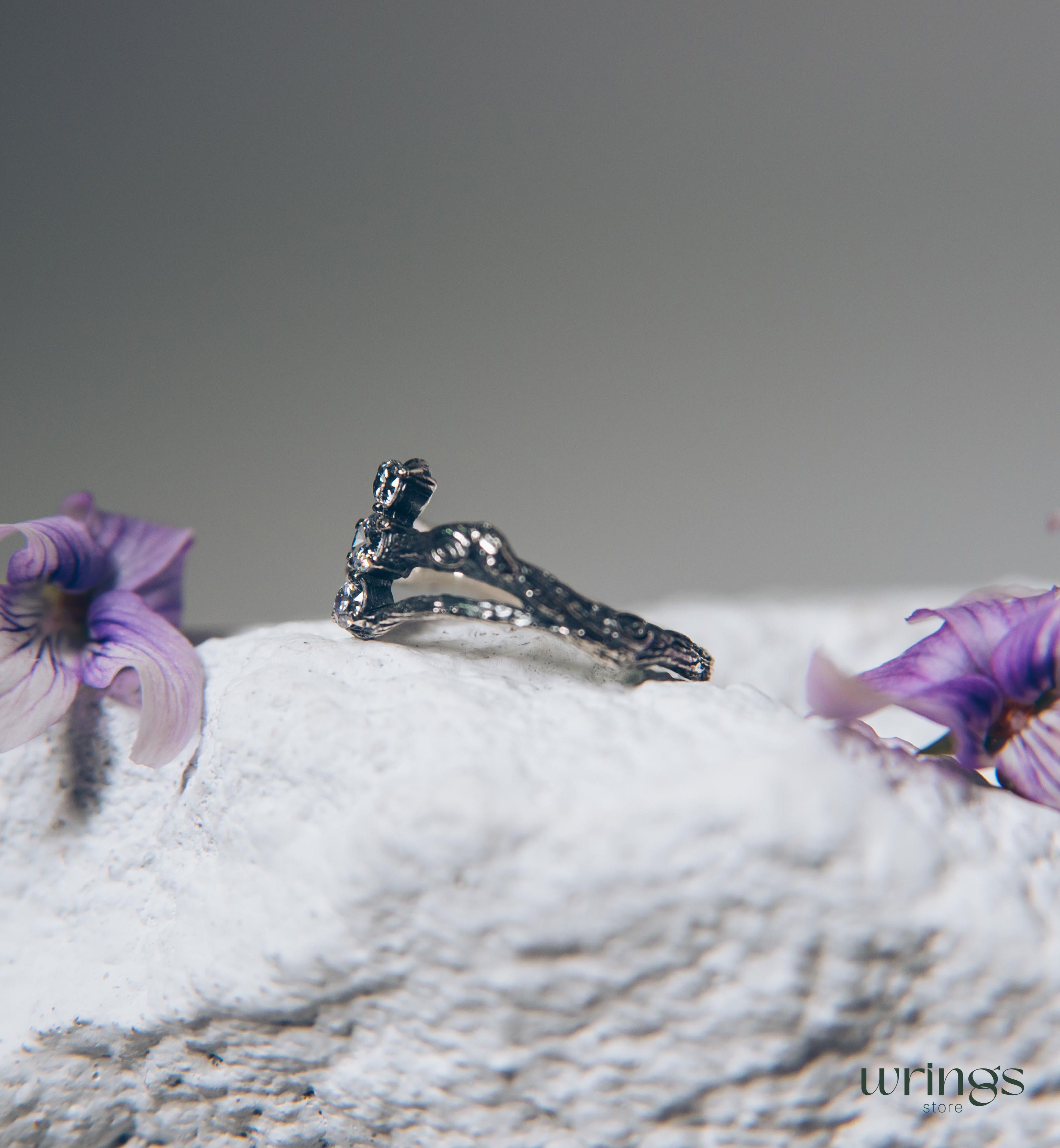 Three Stones on a Three Silver Twigs Cute Engagement Ring