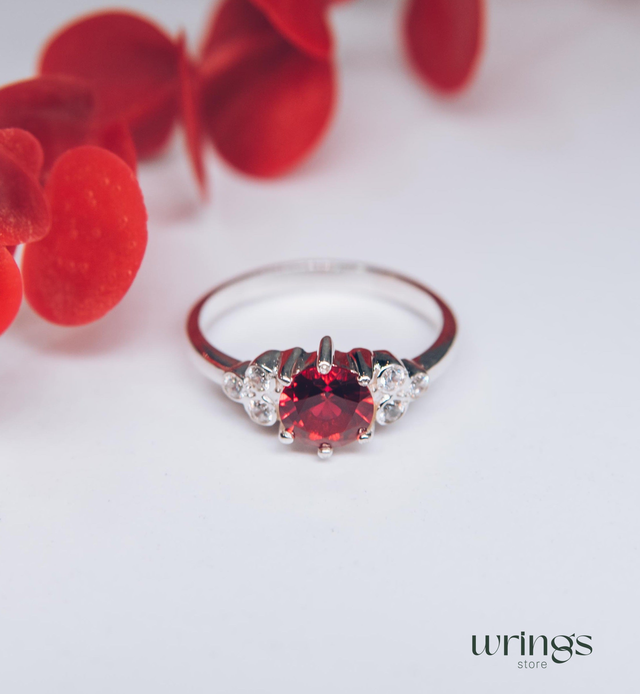 Large Red stone Statement Cluster Engagement Ring Silver