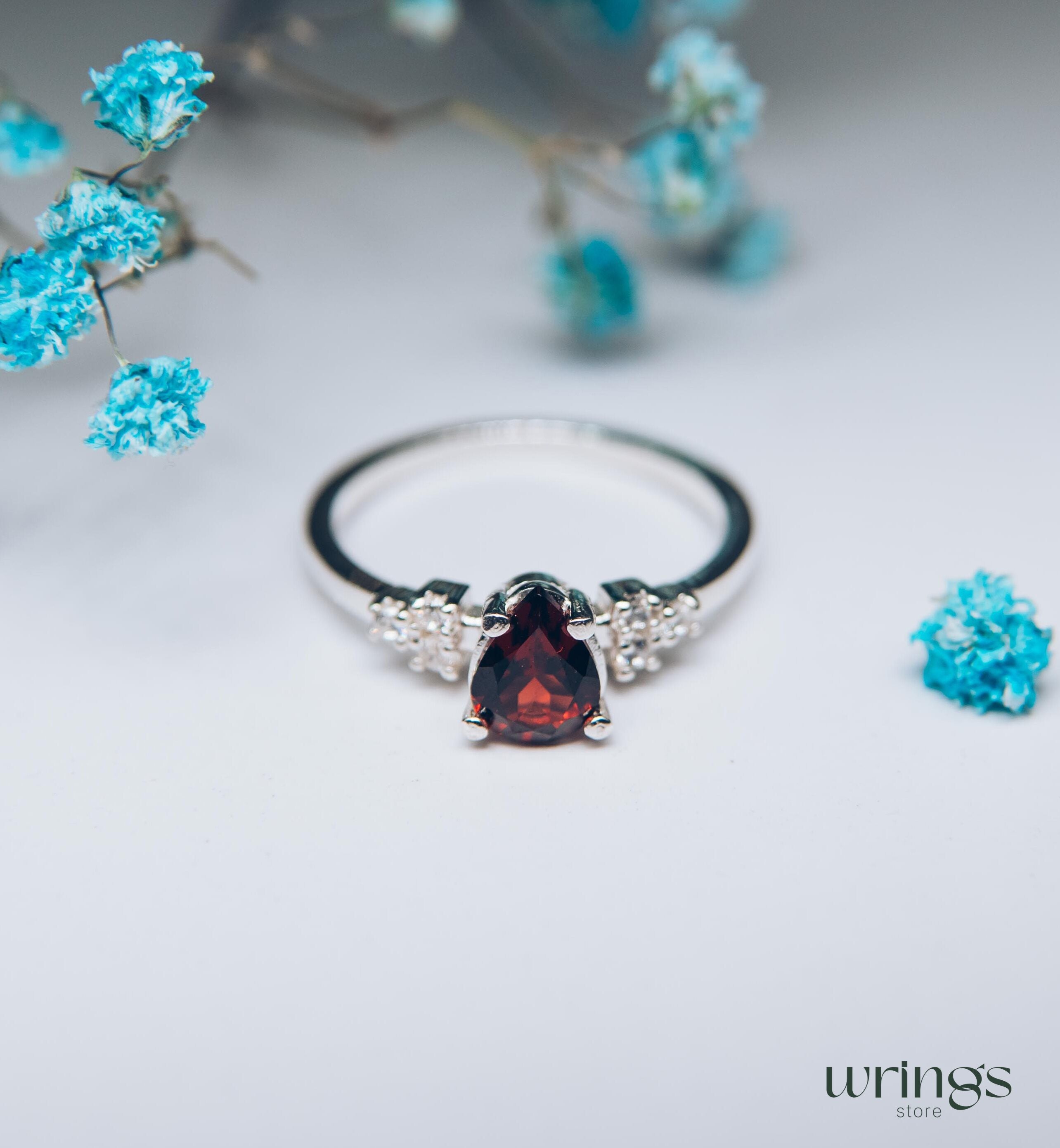 Large Red Pear cut Garnet Cluster Cocktail Ring Silver