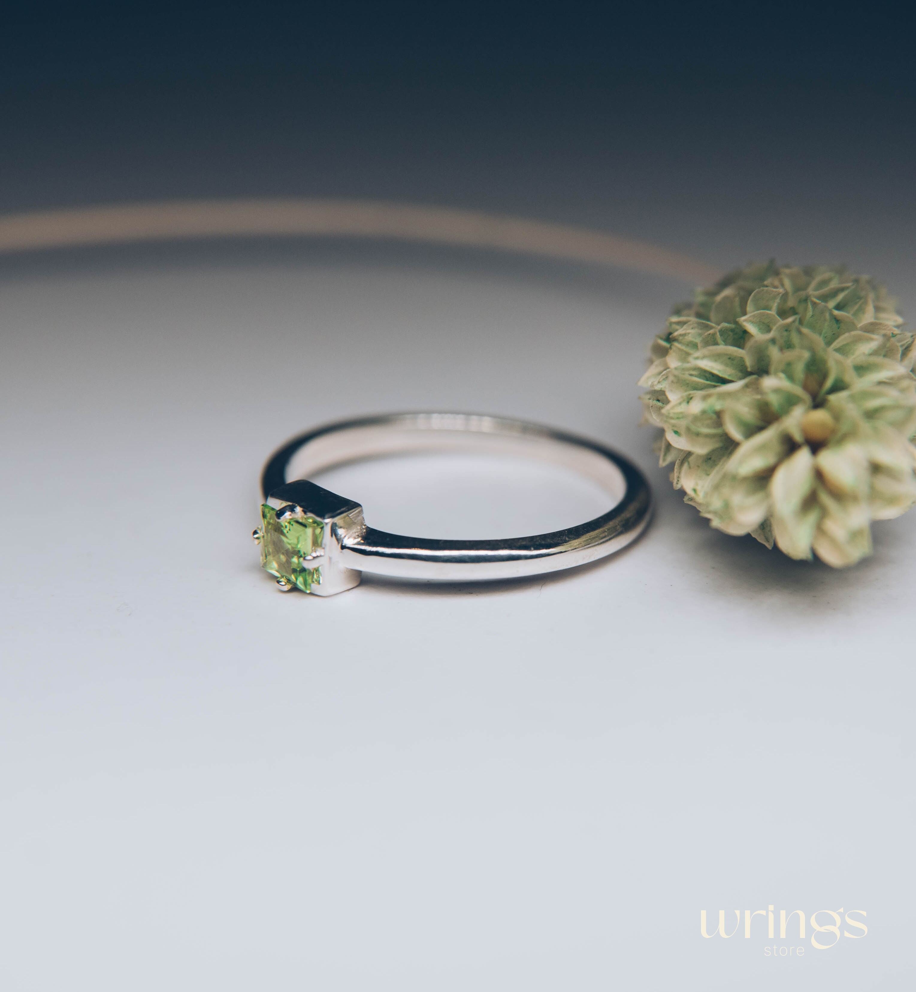 Square Peridot Simple Silver Engagement Ring