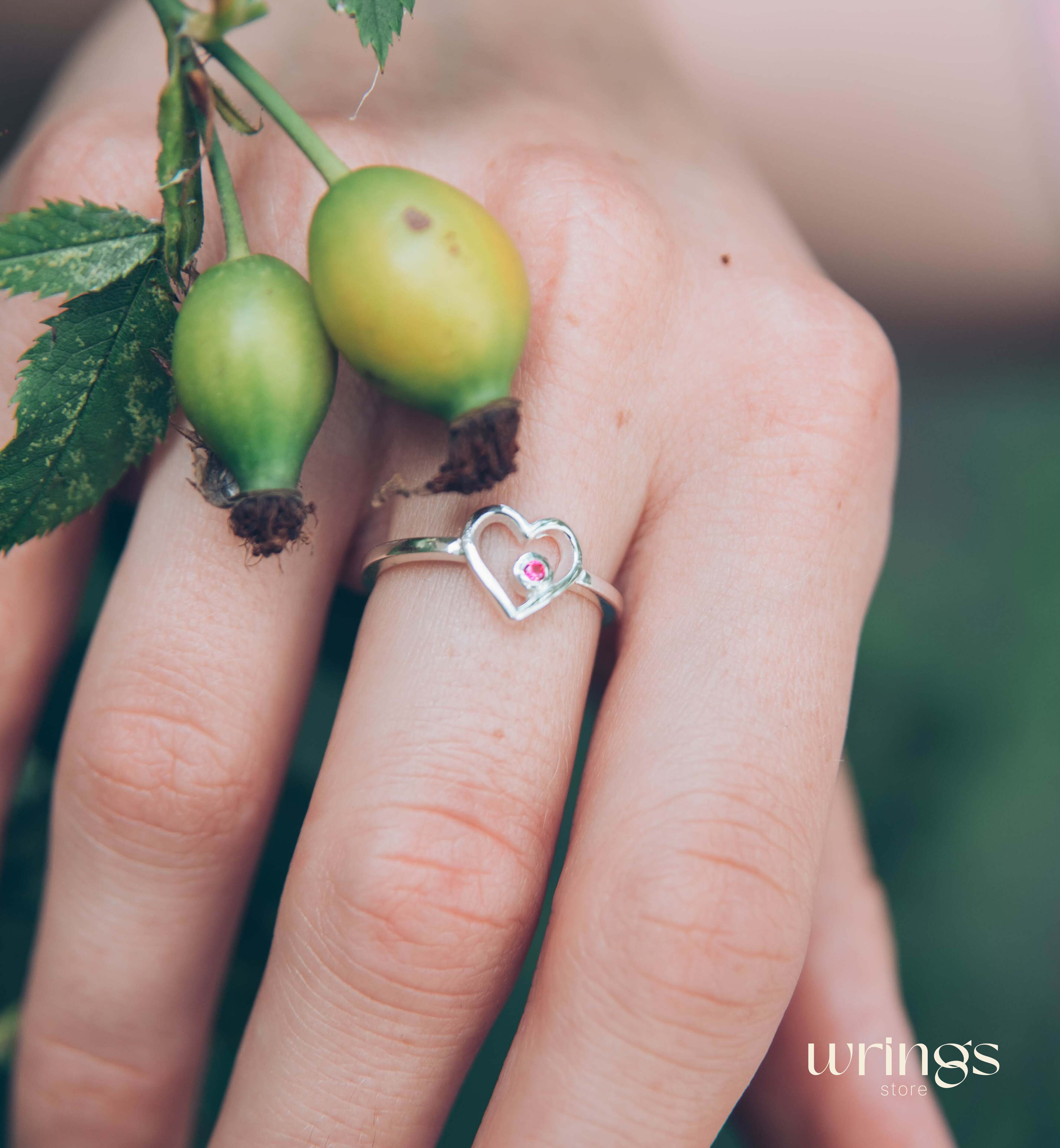 Silver Open Heart with Ruby Promise Ring for Her