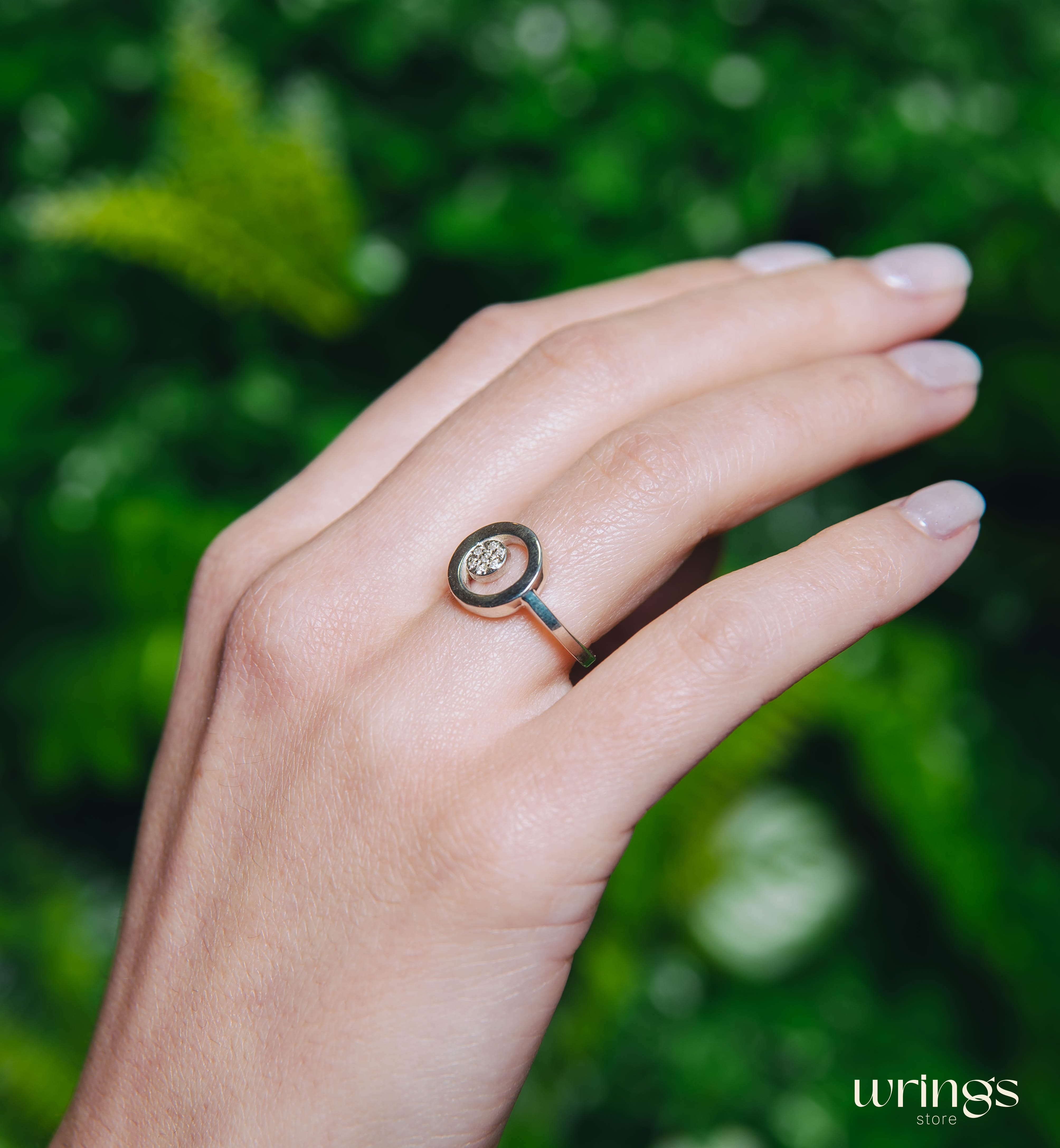 Open Circle Engagement Ring Silver Pave Set Diamonds