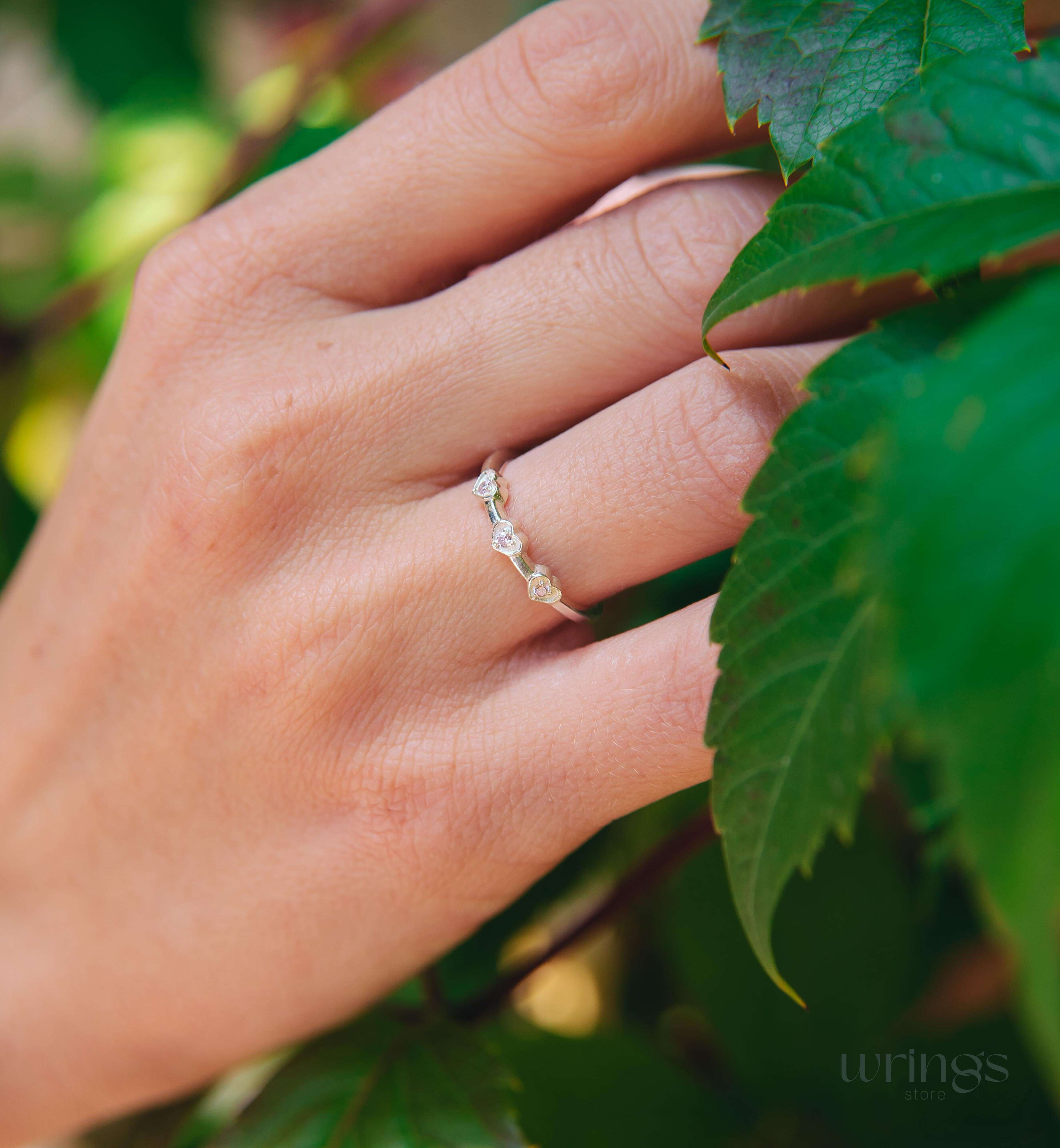 3 Hearts with Simulated Rose Quartz Silver Love Ring