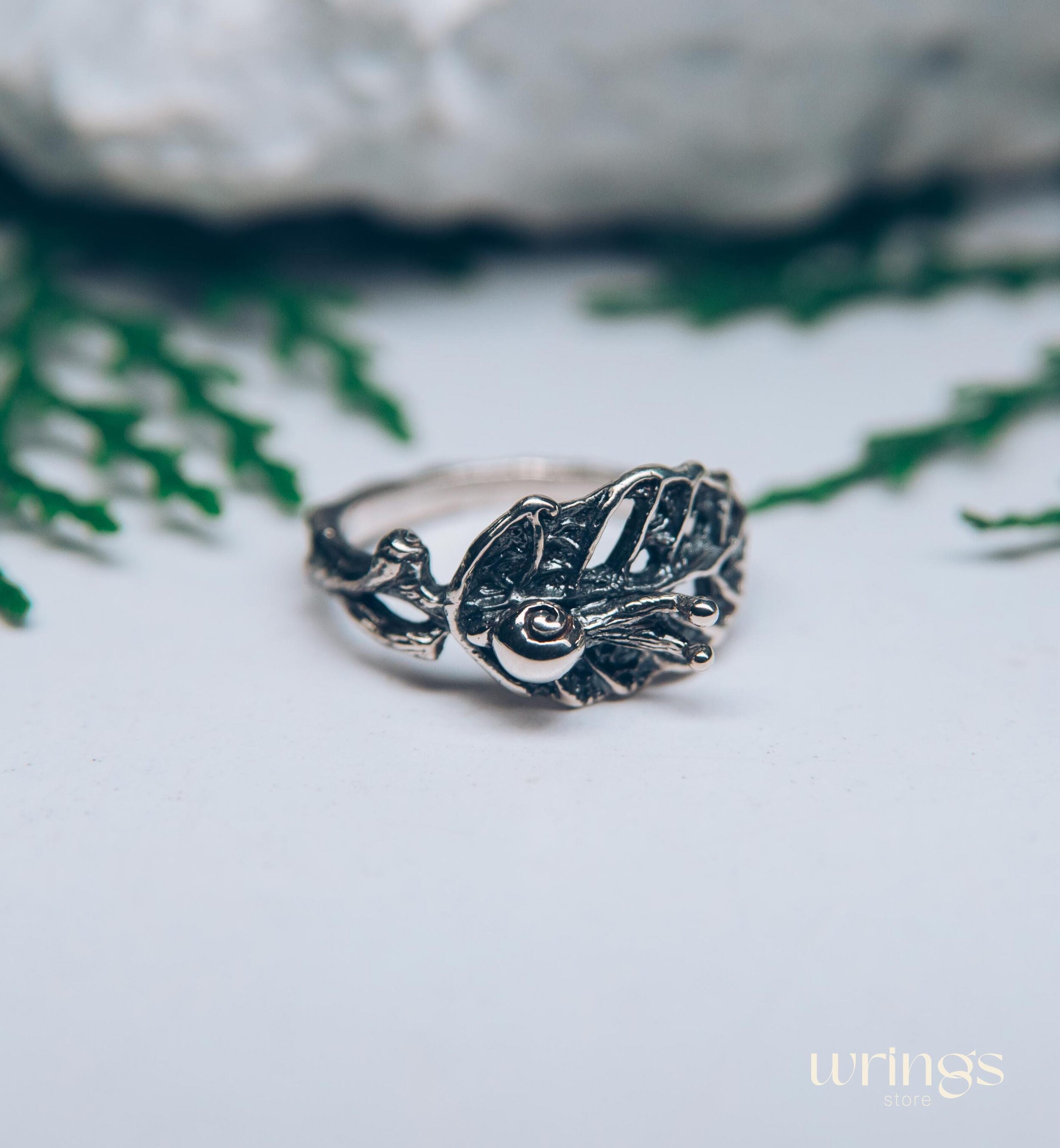 Nature dainty Snail on leaf Engagement Ring in Solid Silver