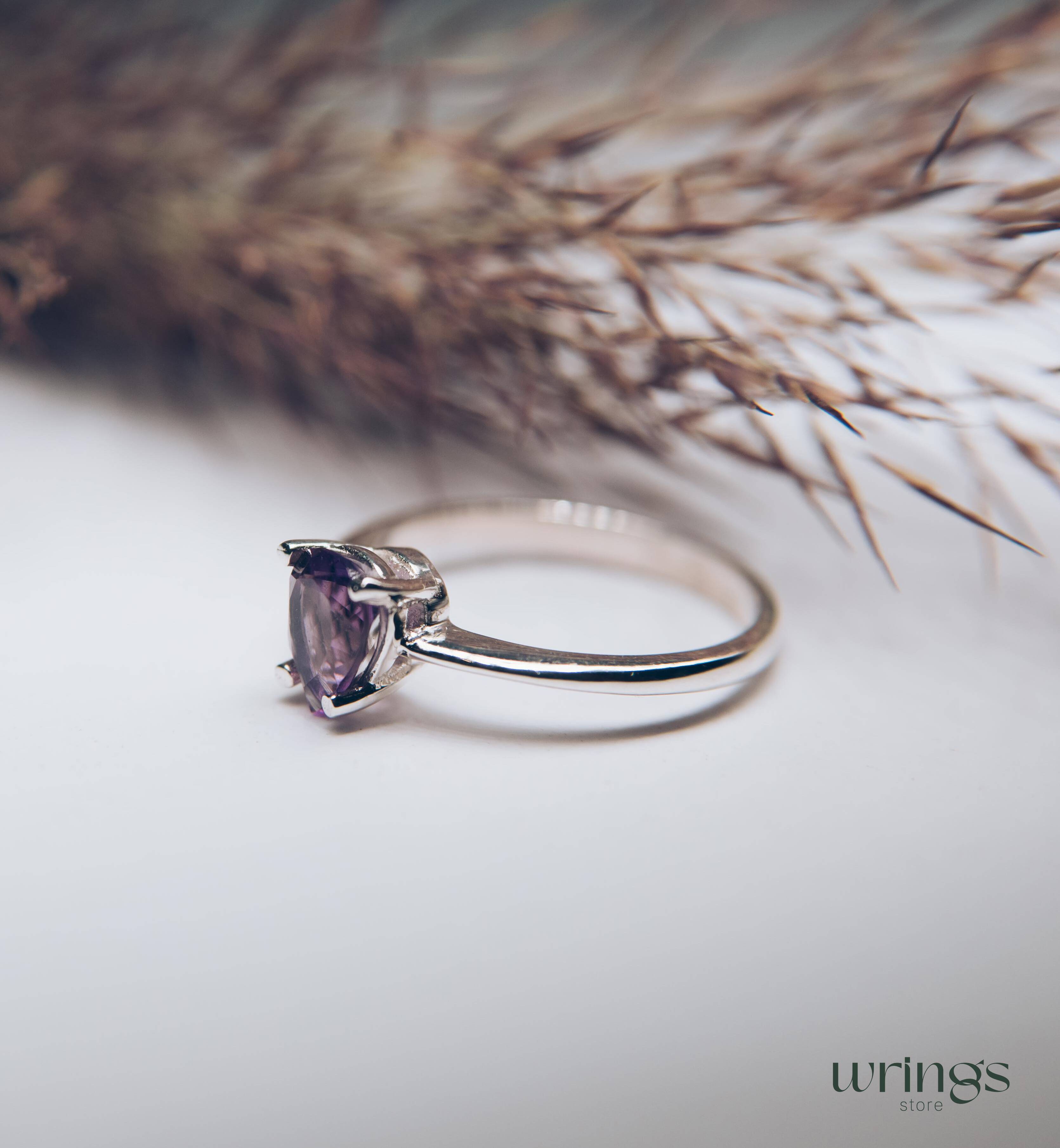 Large Pear Cut Amethyst Solitaire Engagement Ring Silver