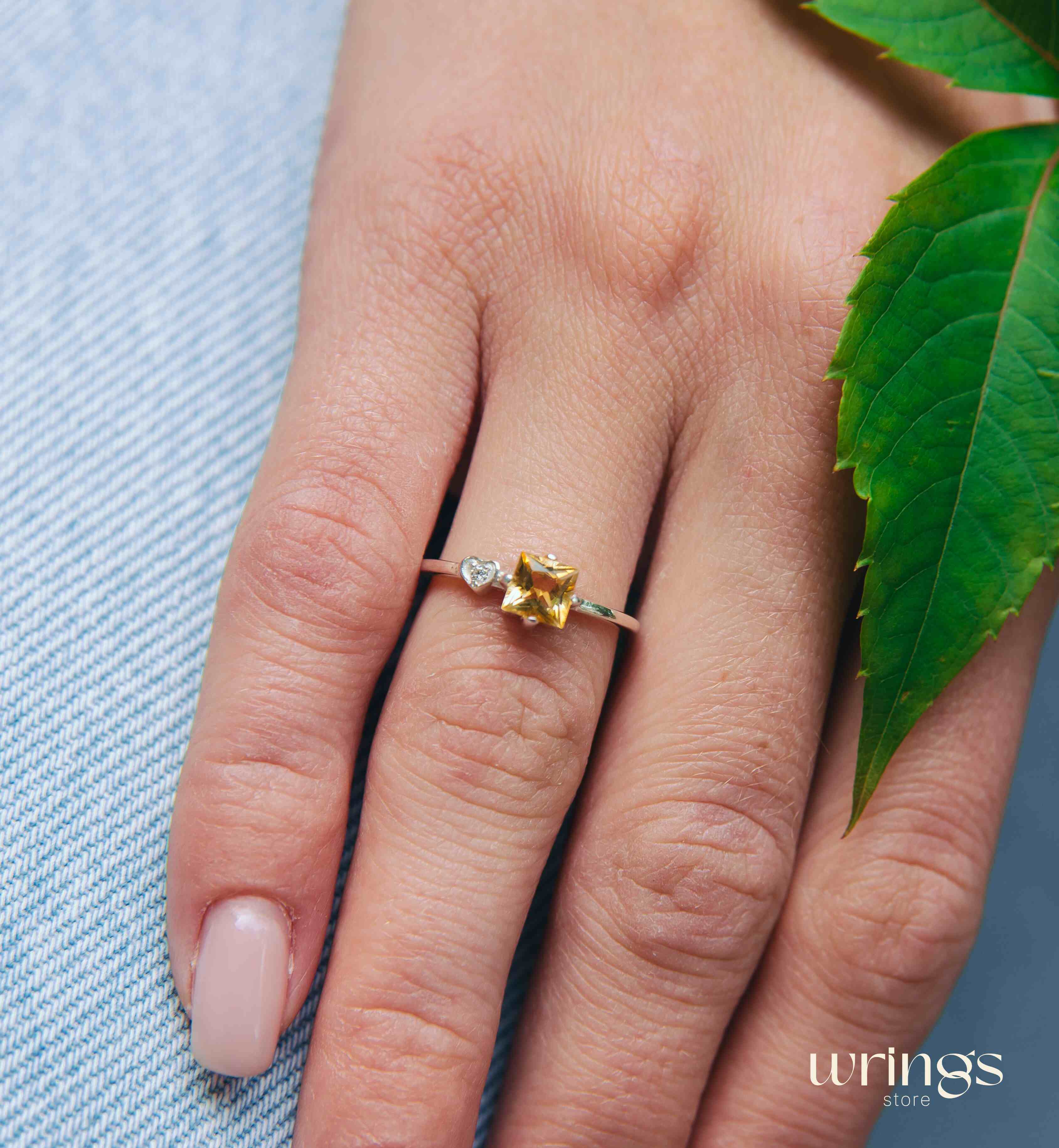 Square Citrine Silver Ring & White Stone in Side Heart