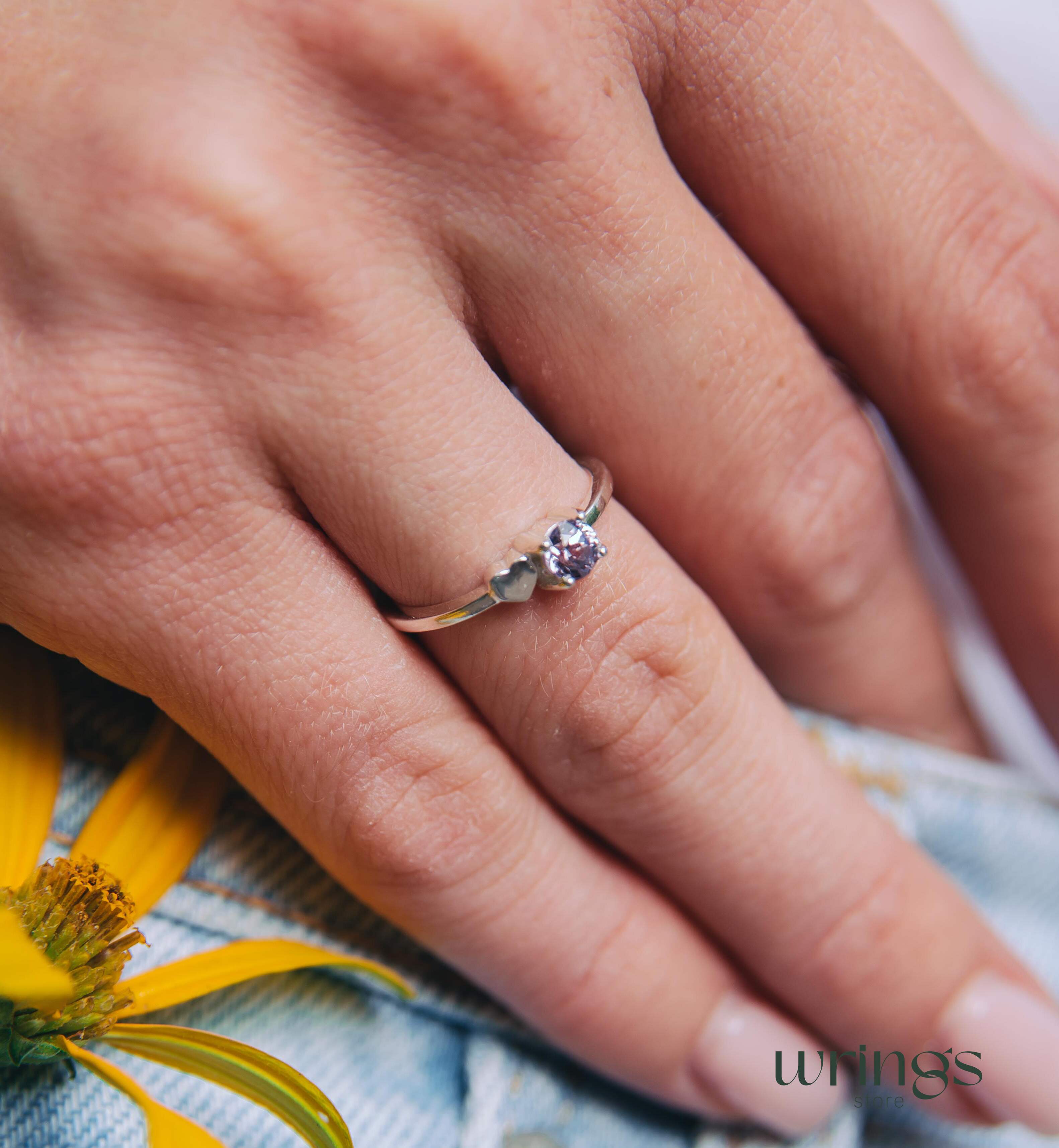 Round Purple Alexandrite Engagement Ring Silver & Heart