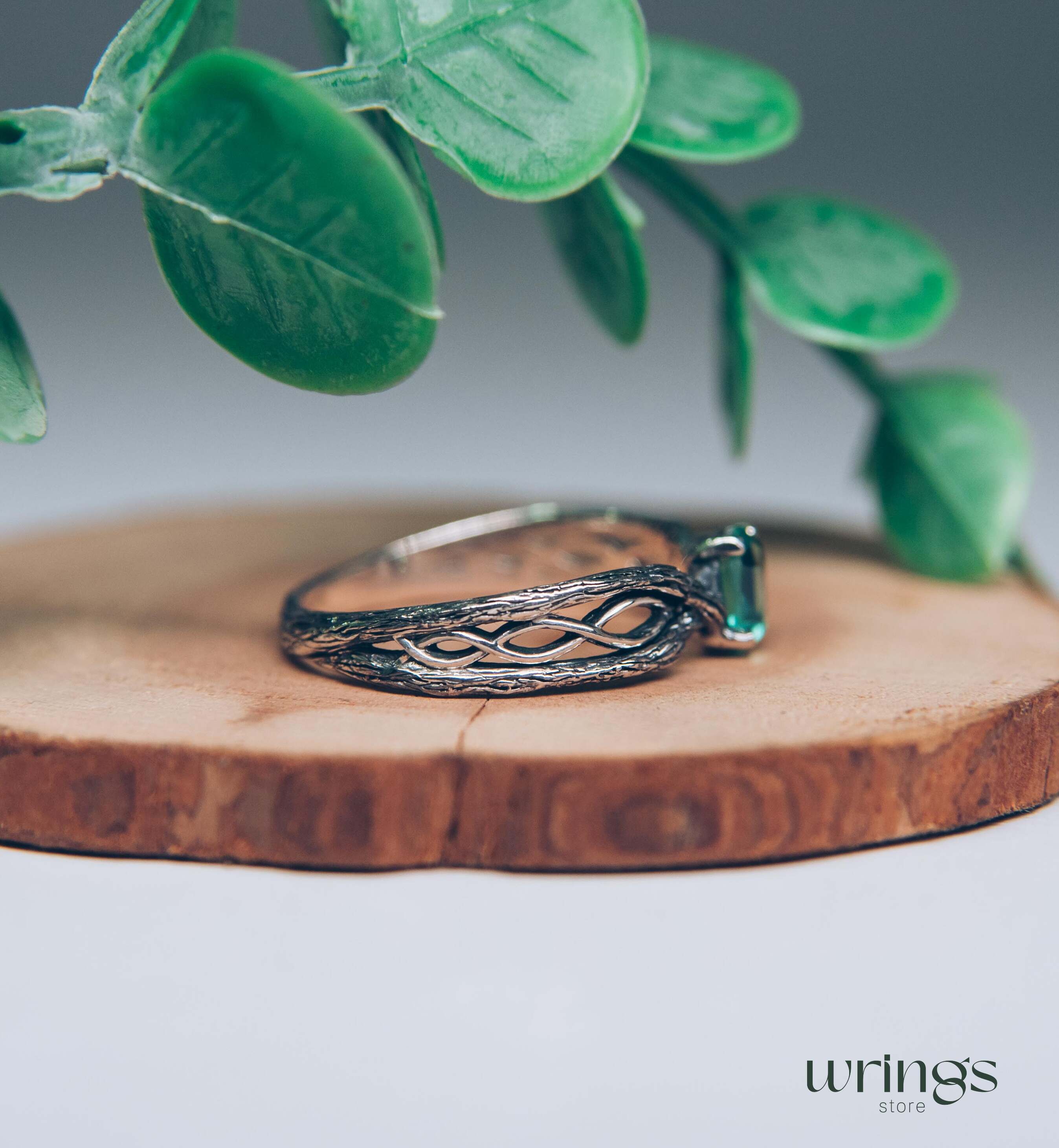 Dainty Green Quartz & Infinity Twisted Silver Branch Ring