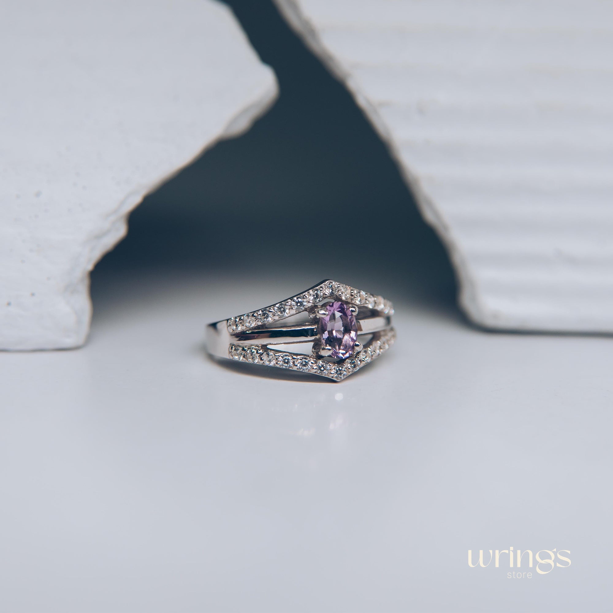 Vertical Oval Amethyst & CZ Double V Engagement Ring