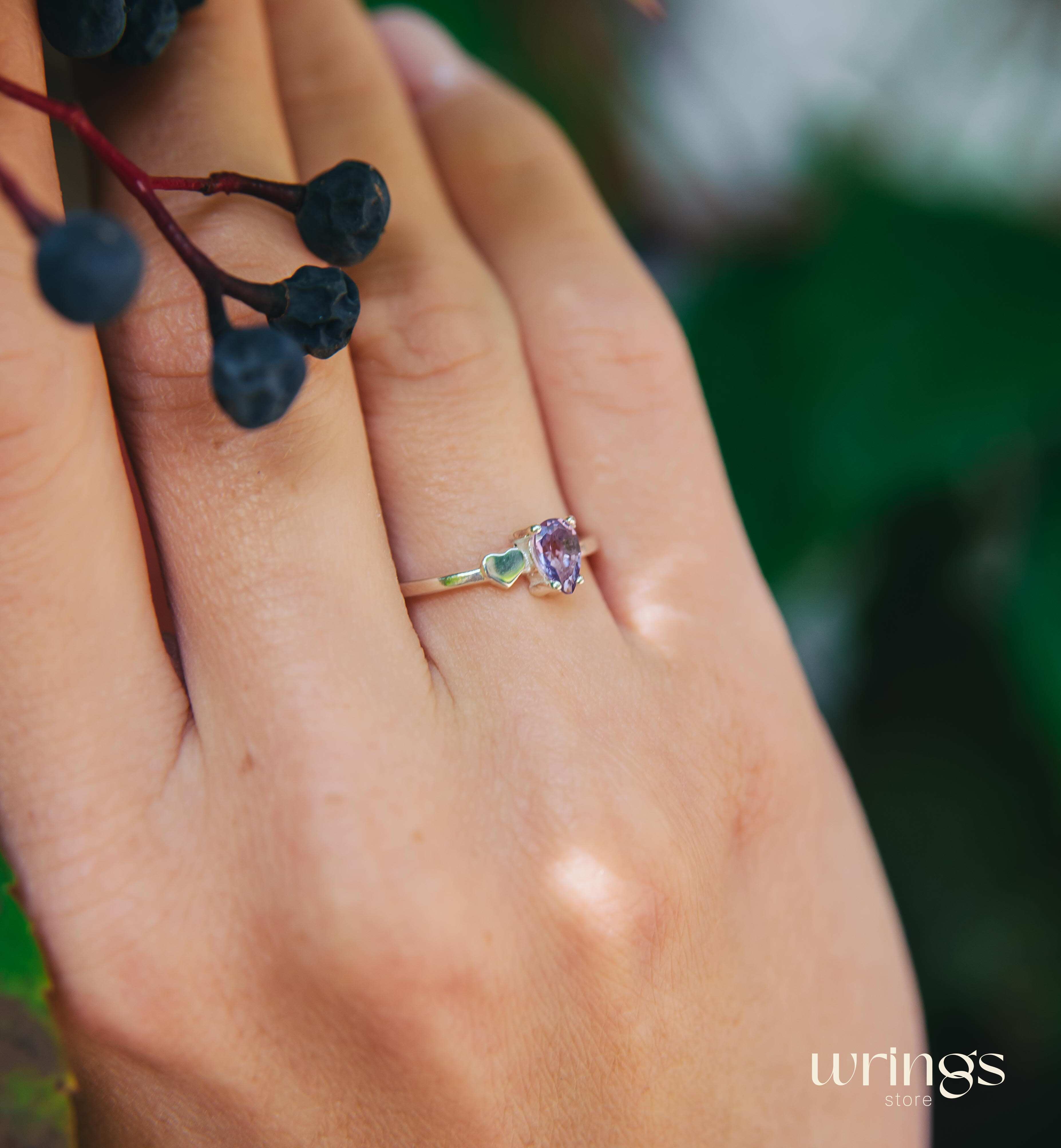 Pear Amethyst Silver Engagement Ring & Side Heart