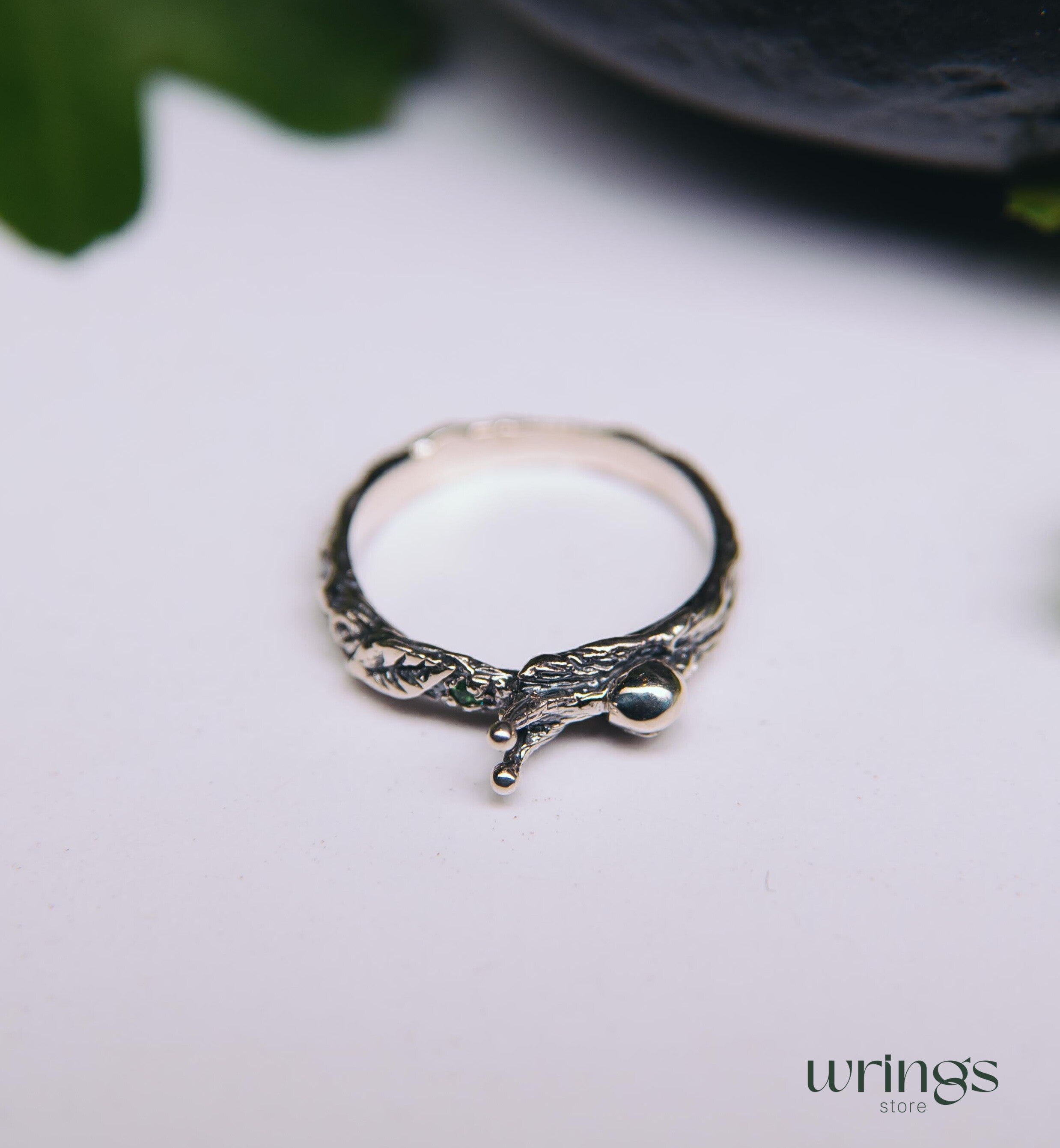 Snail on a Tiny Silver Twig with Leaf Emerald Ring