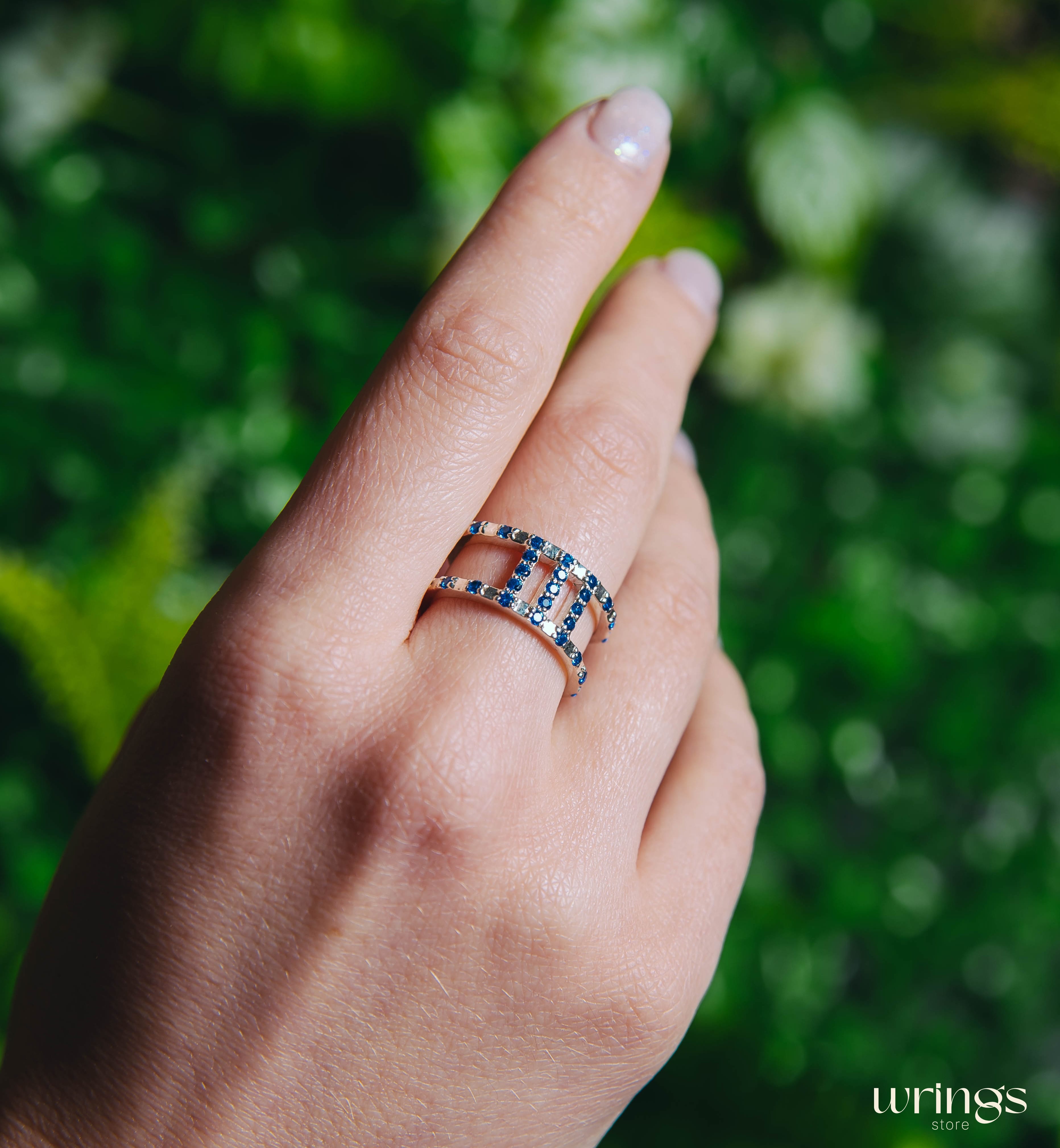 Double Band Wedding Ring Blue Sapphires Multi Stone
