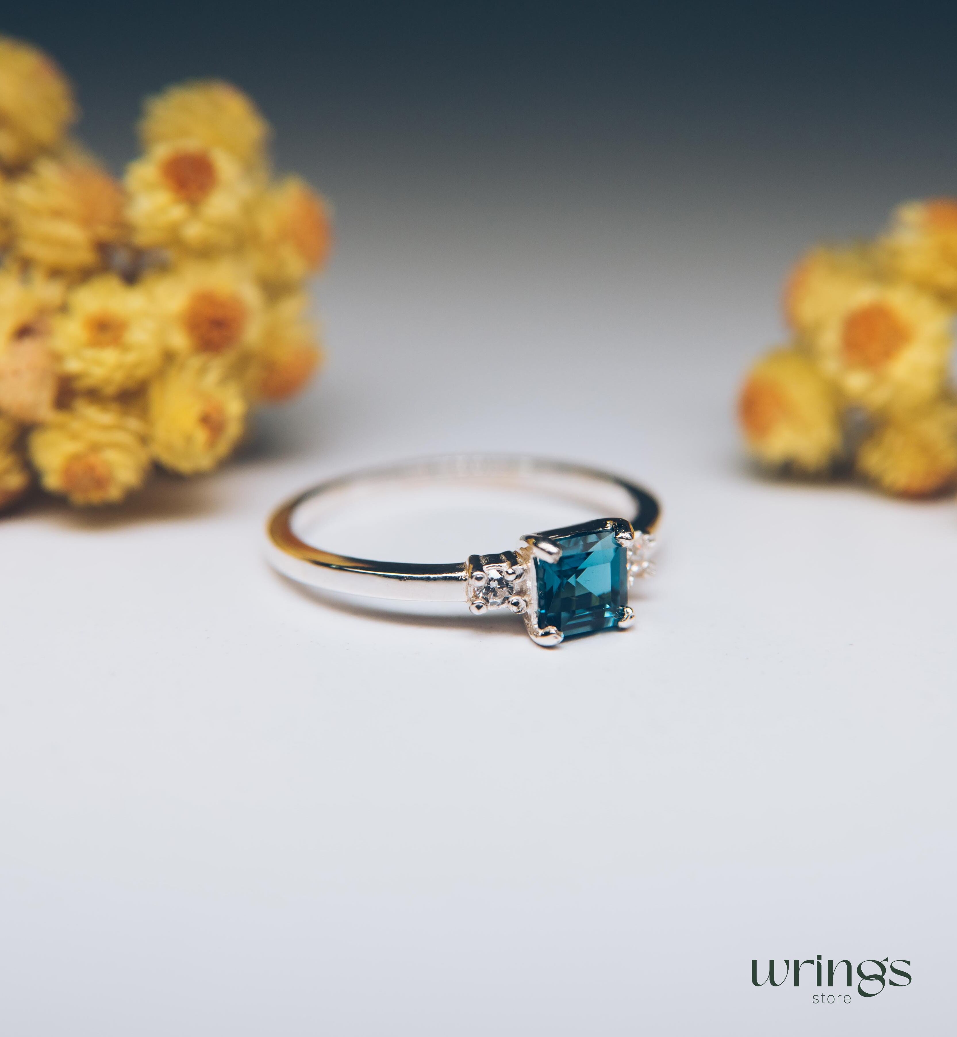 Square London Blue Topaz Three Stone Engagement Ring Silver