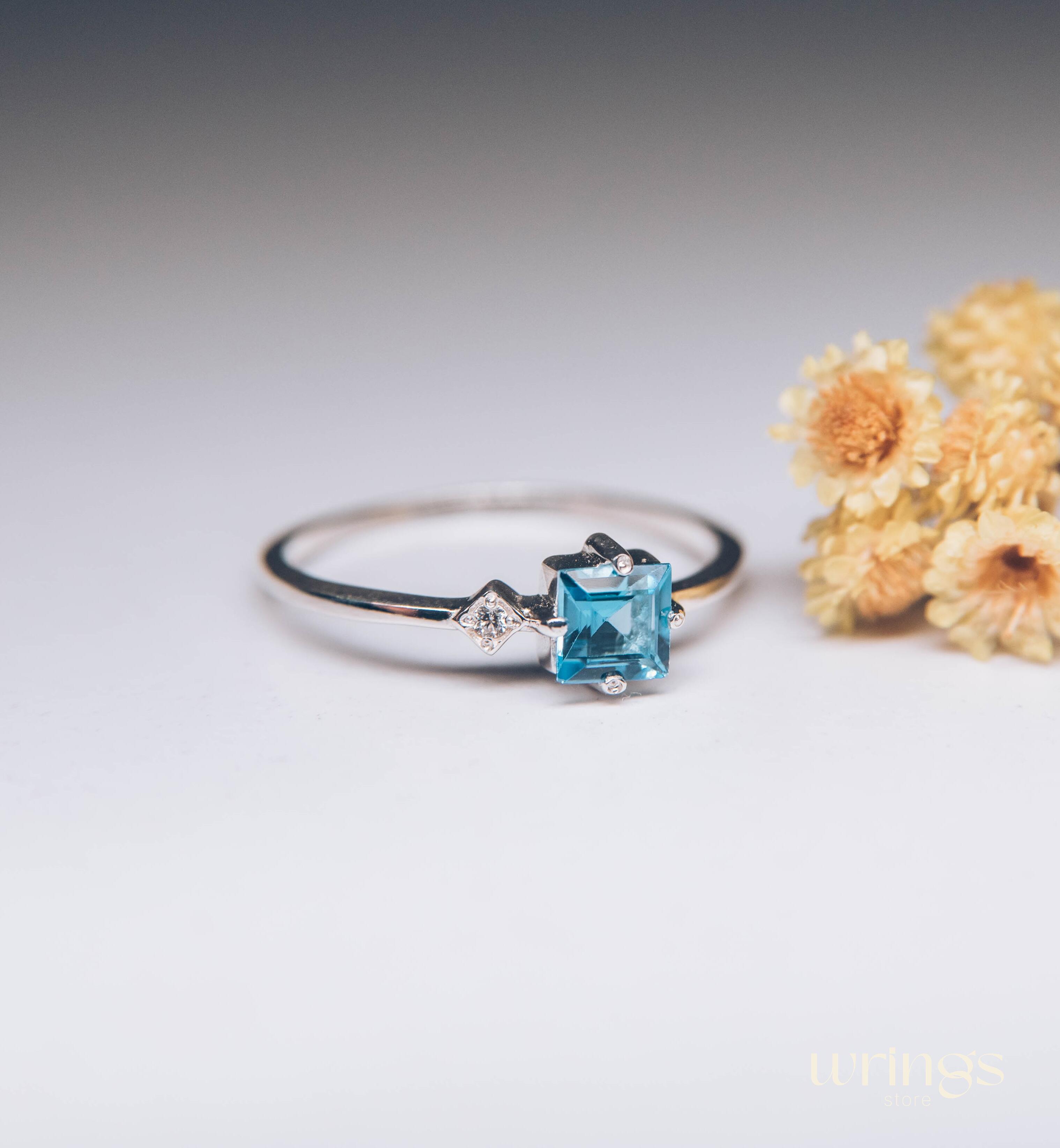 Square Swiss Topaz Ring Silver Side White Stone CZ