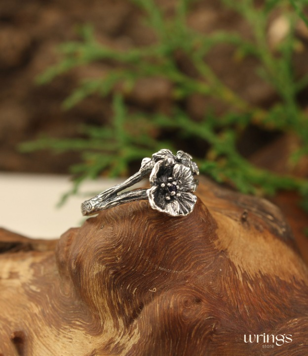Poppy Flower Ring with Blue Sapphire Sterling Silver