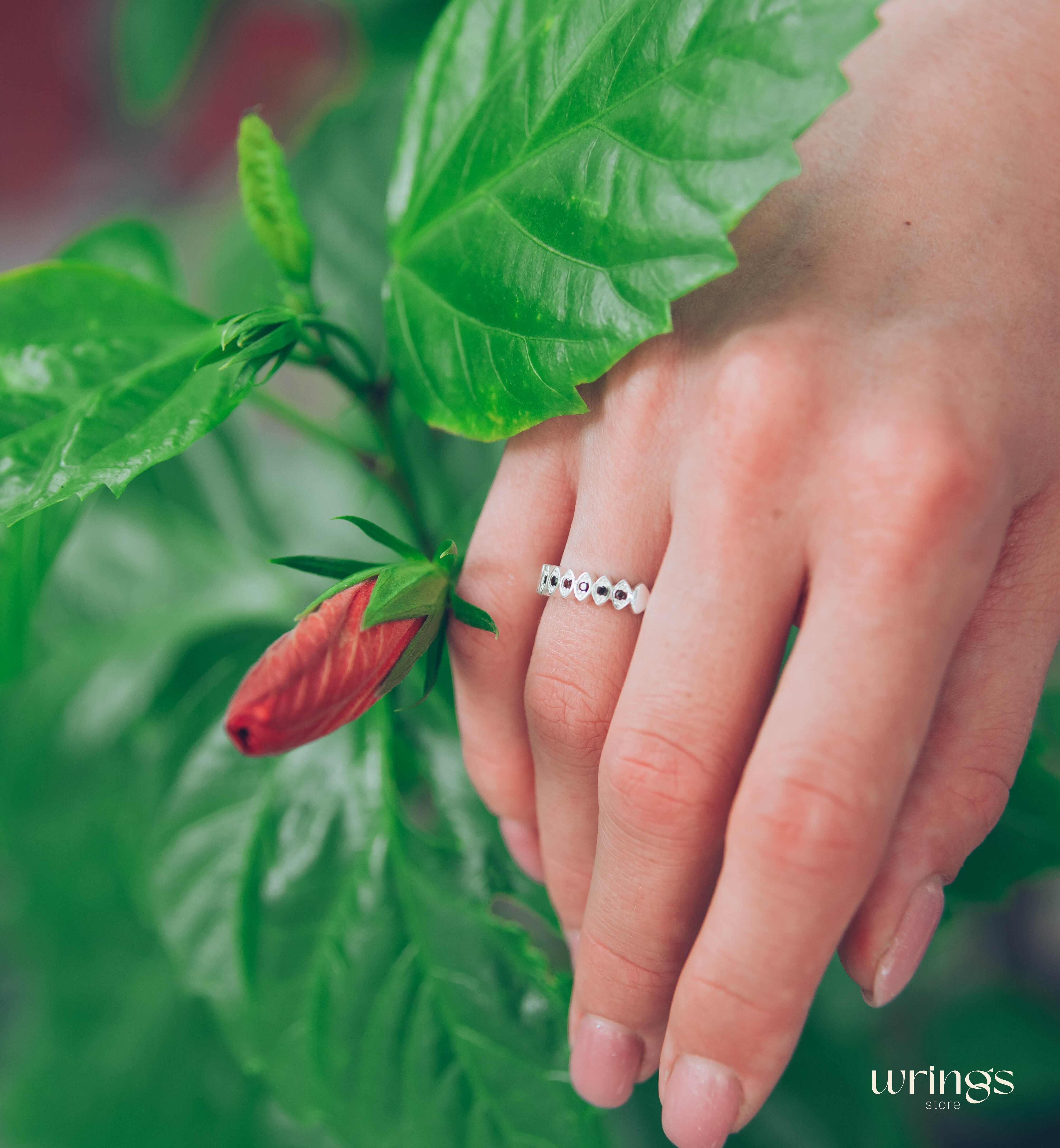 Six Garnets Beaded Style Silver Pretty Promise Ring