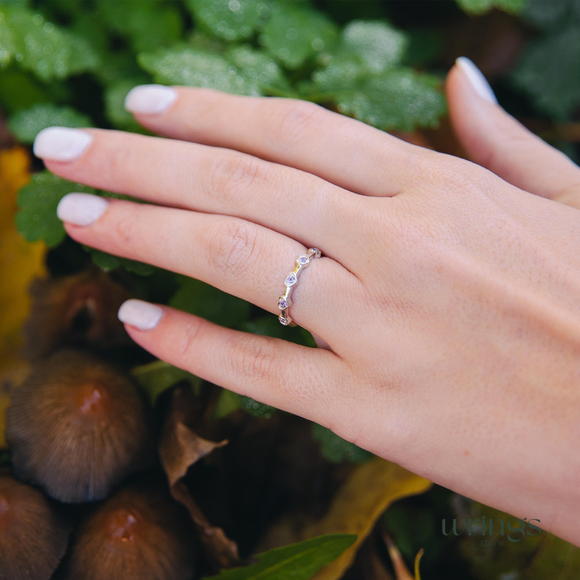 Delicate Amethysts in Multi Hearts Silver Promise Ring