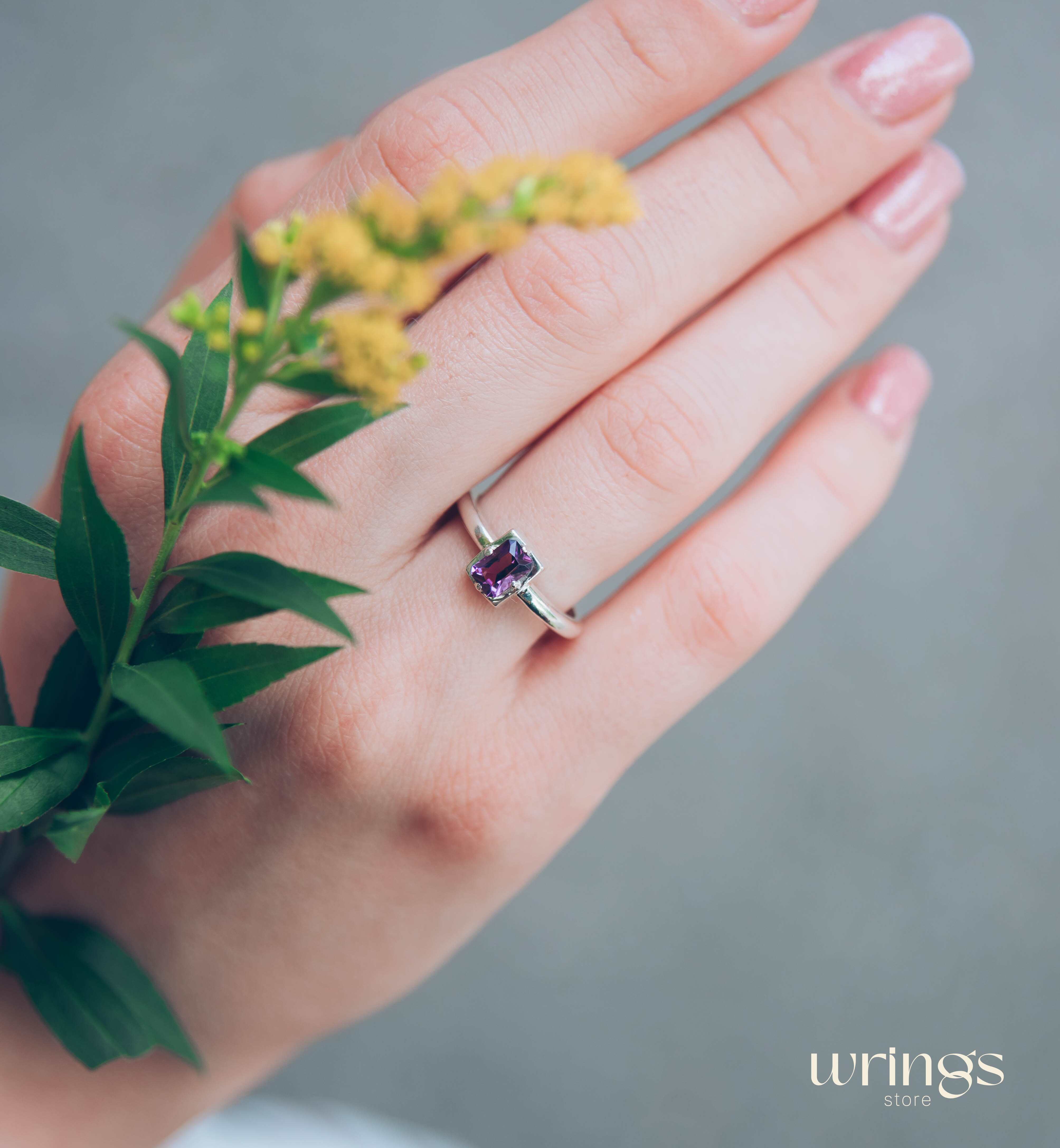 Simple Octagon Solitaire Amethyst Engagement Ring Silver