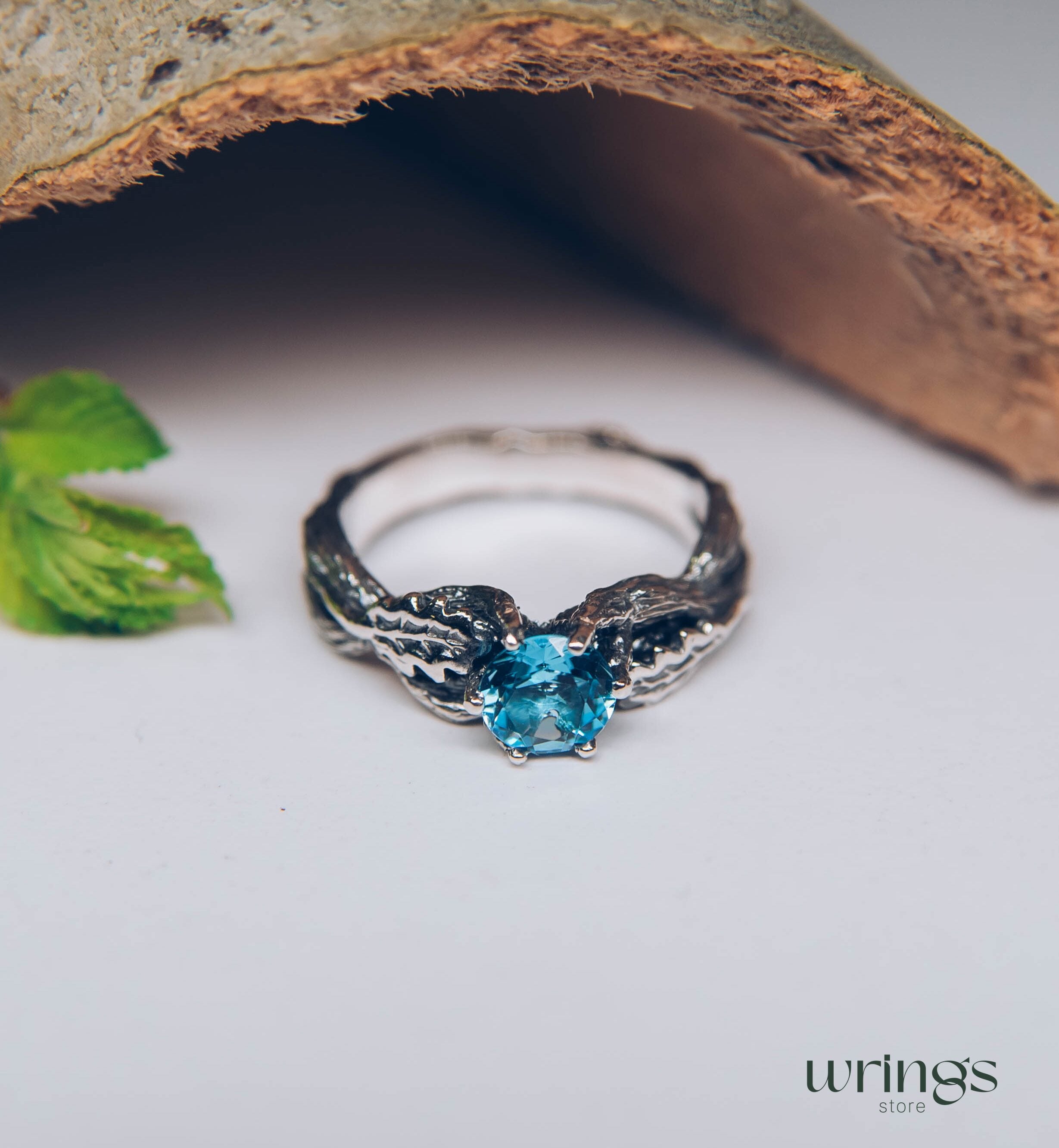 Topaz Engagement Ring — Silver Braided Branch and oak Leaves