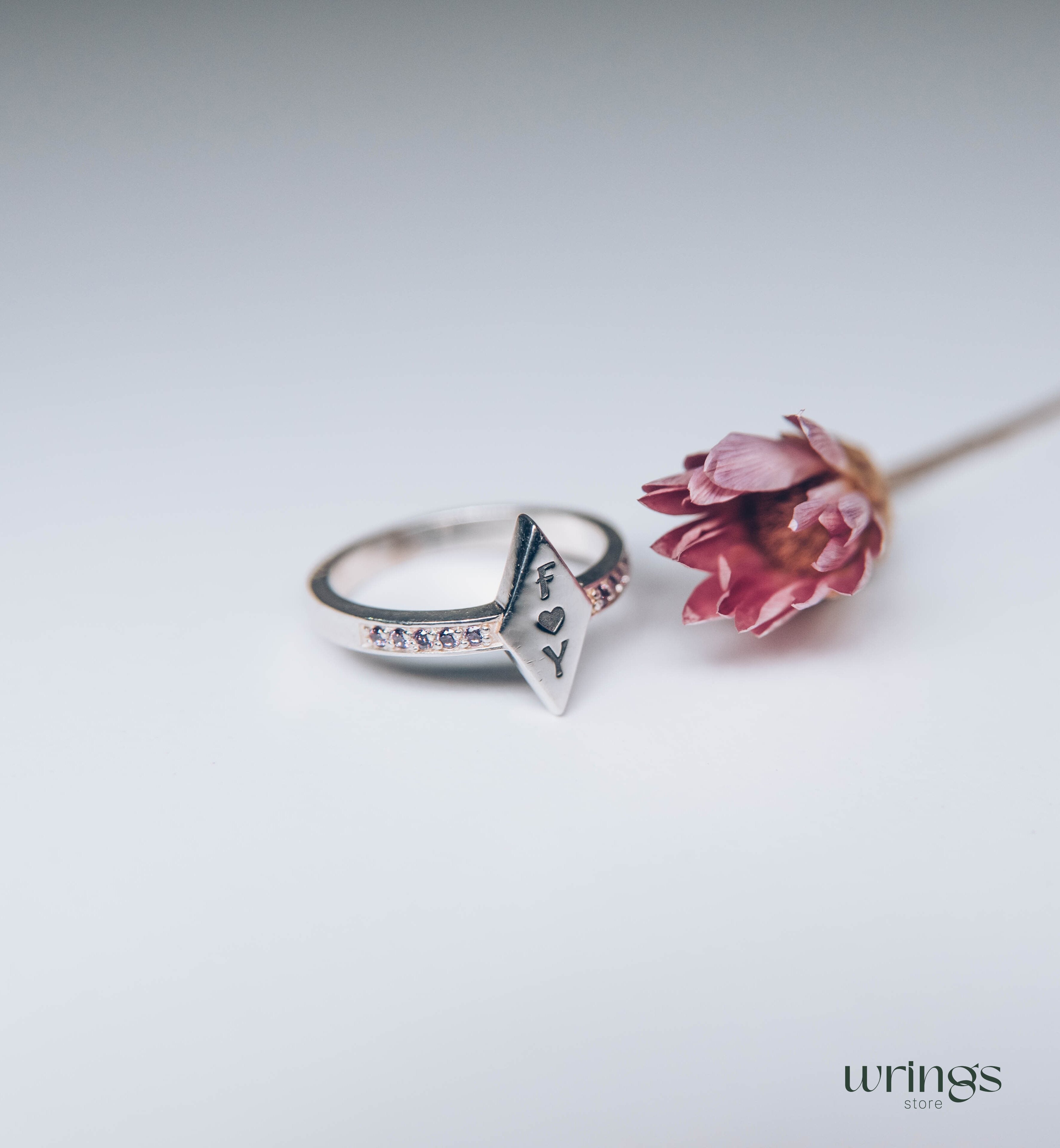 Personalized Promise Ring - Rhombus Head, Amethysts & Letters