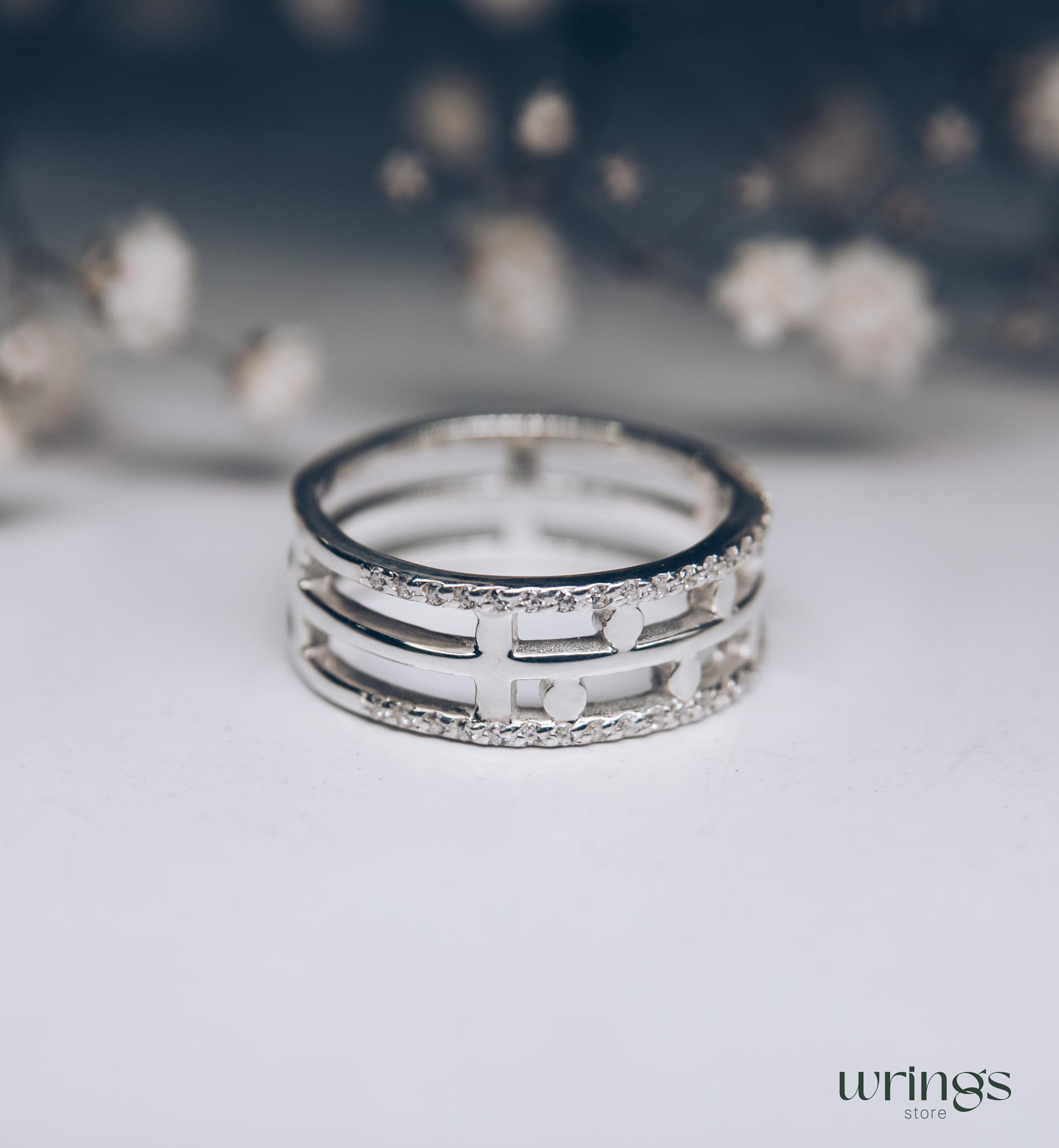 Diamonds and Dots Modern Wedding Band Sterling Silver