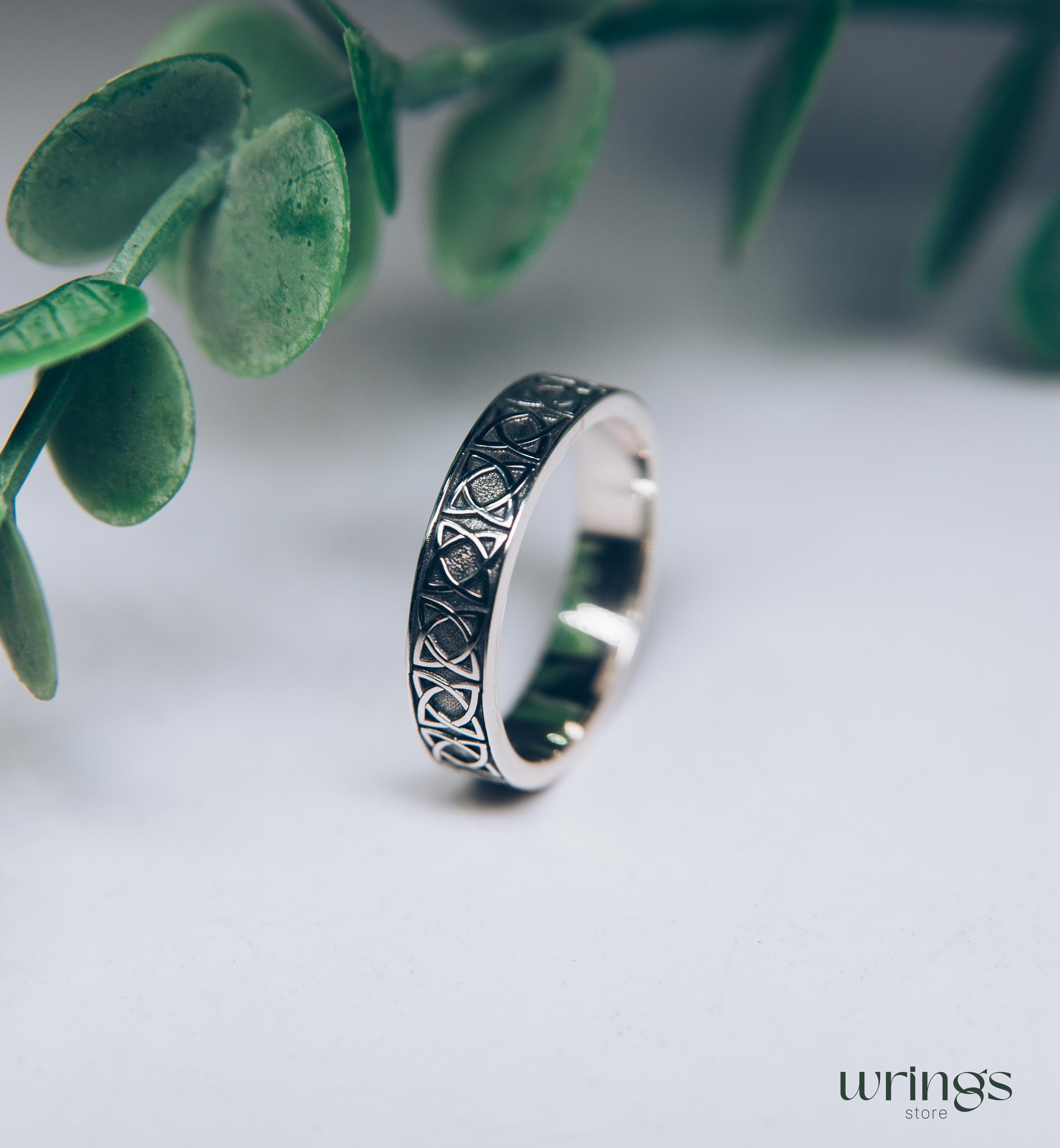 Mens Celtic Band Ring Silver Engraved Irish Symbol