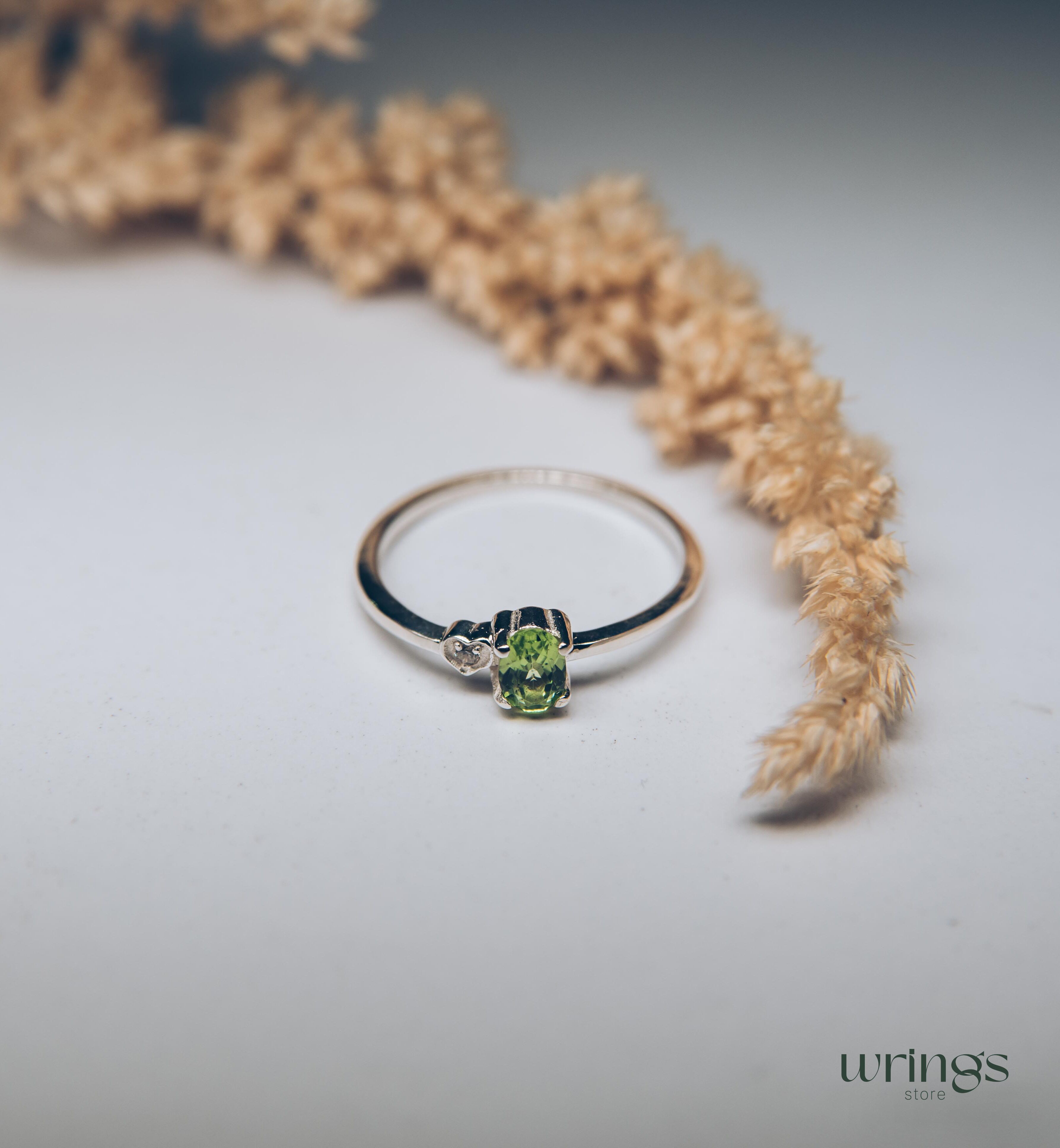 Vertical Oval Peridot Engagement Ring Silver & Heart