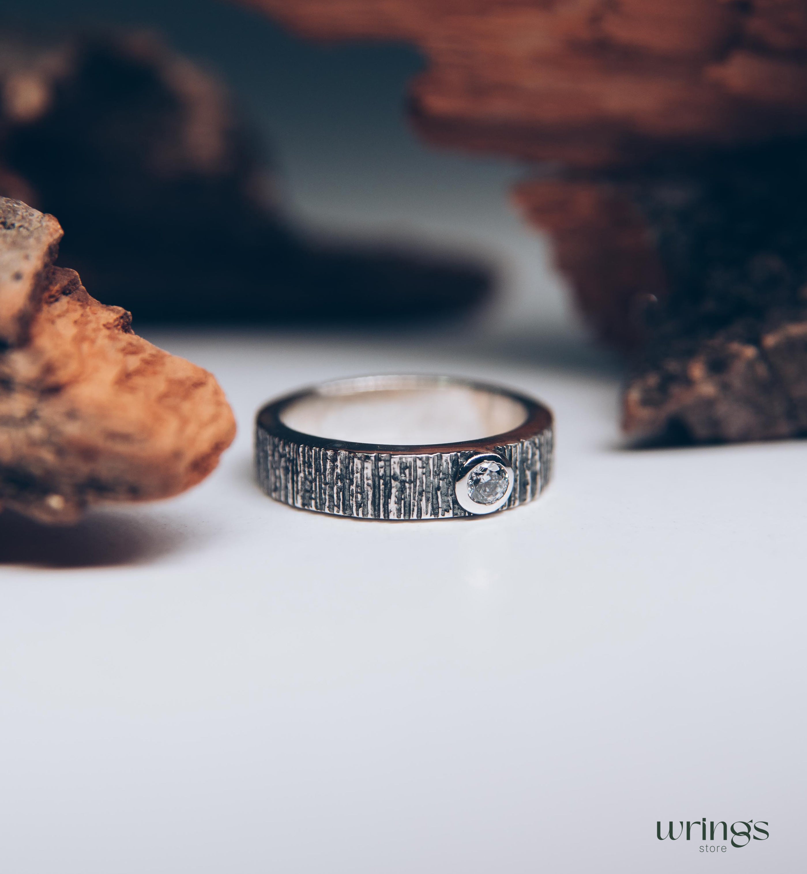 Bezel Diamond and Tree Bark Textured Silver Wedding Ring