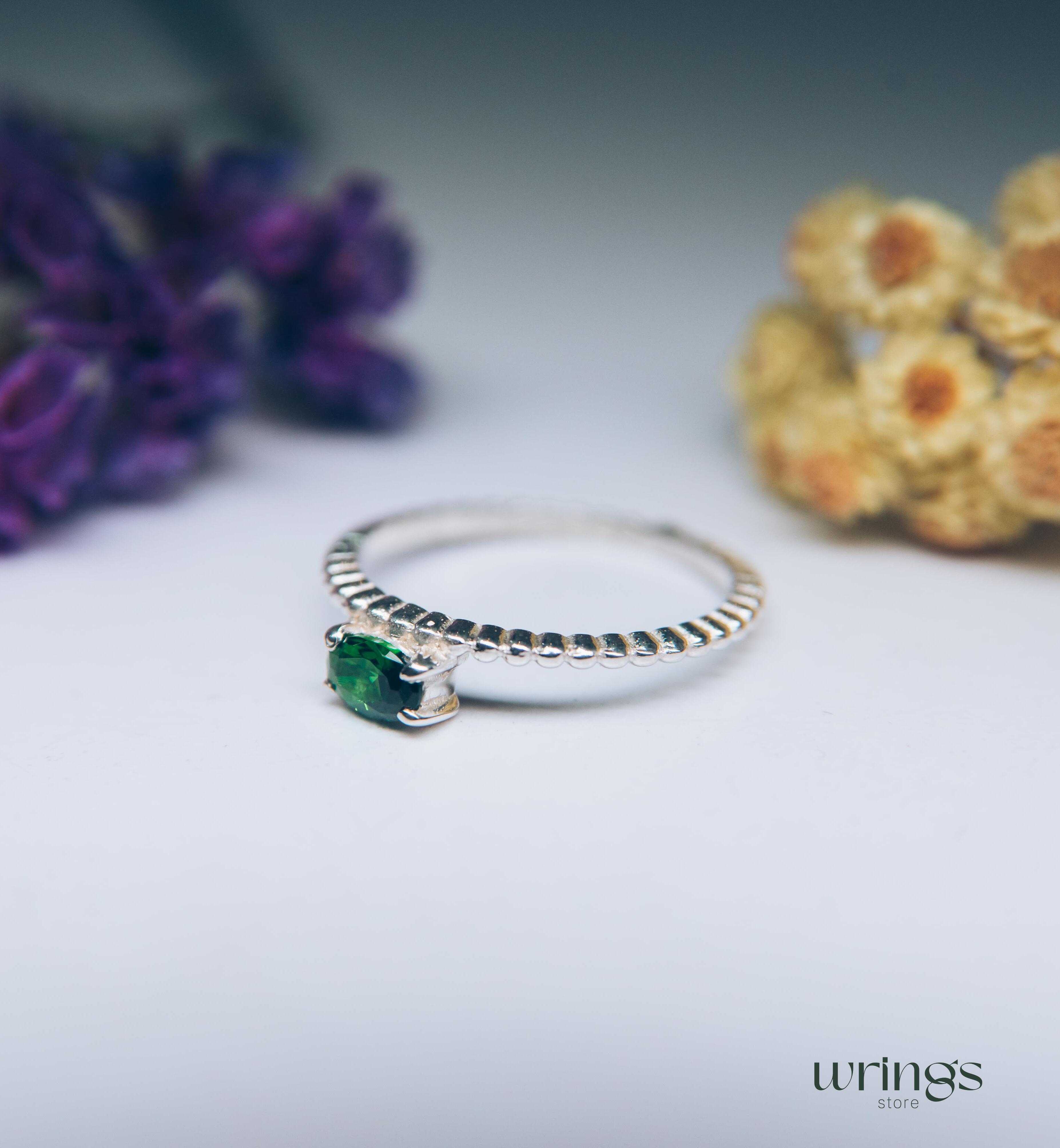 Thin Silver Beaded Engagement Ring with Green Tourmaline