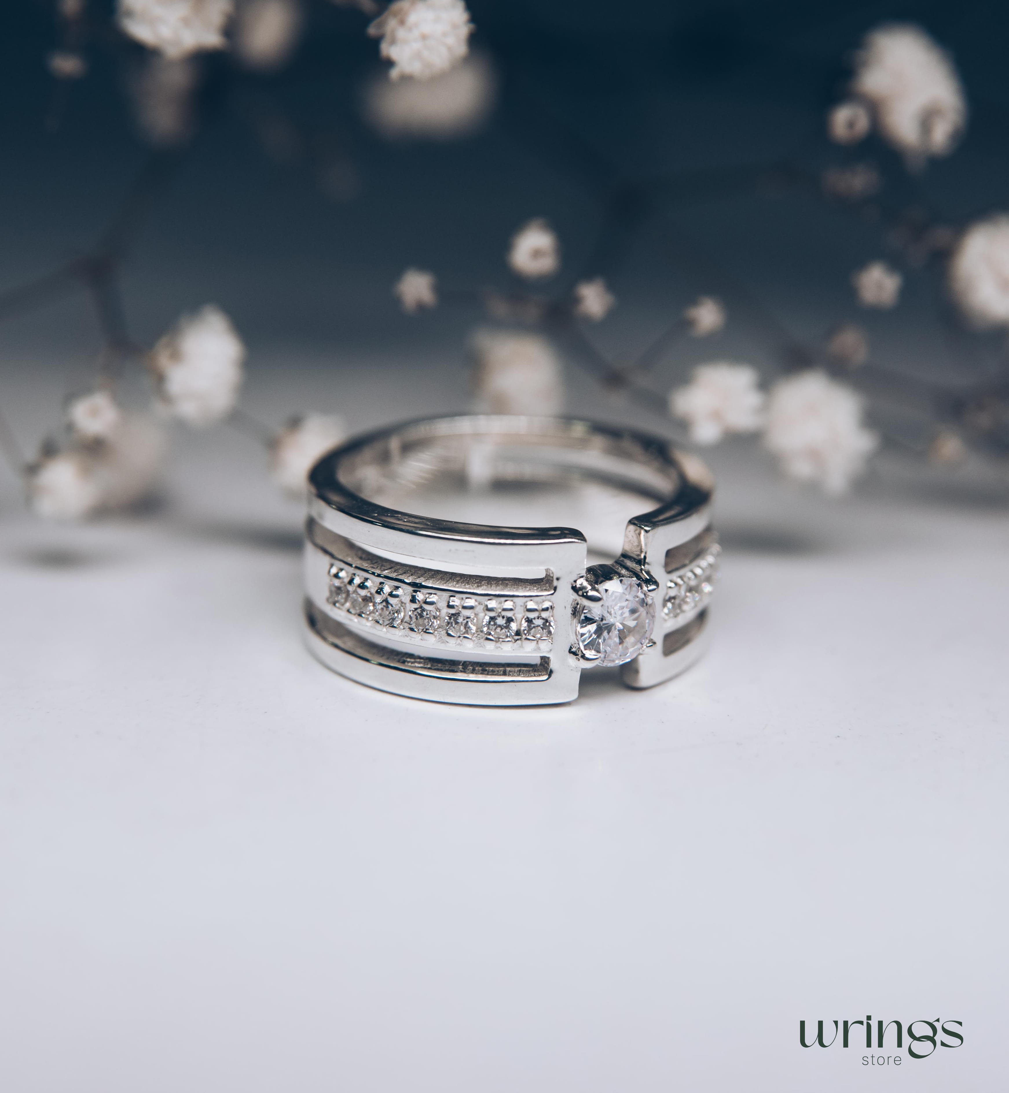 Extra Wide Silver Statement Ring CZ and Side Stones