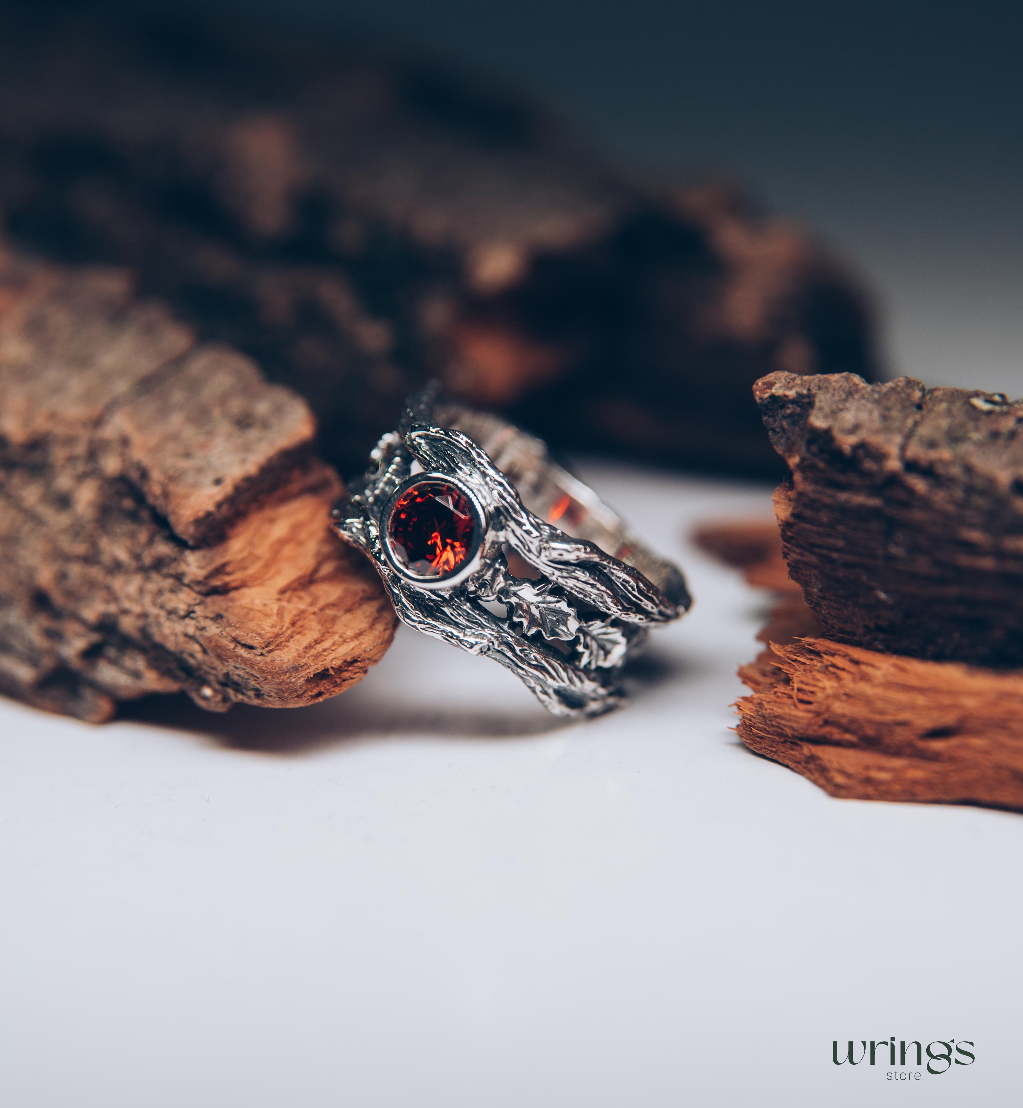 Oak Leaves in Wide Silver Ring with Bezel Garnet