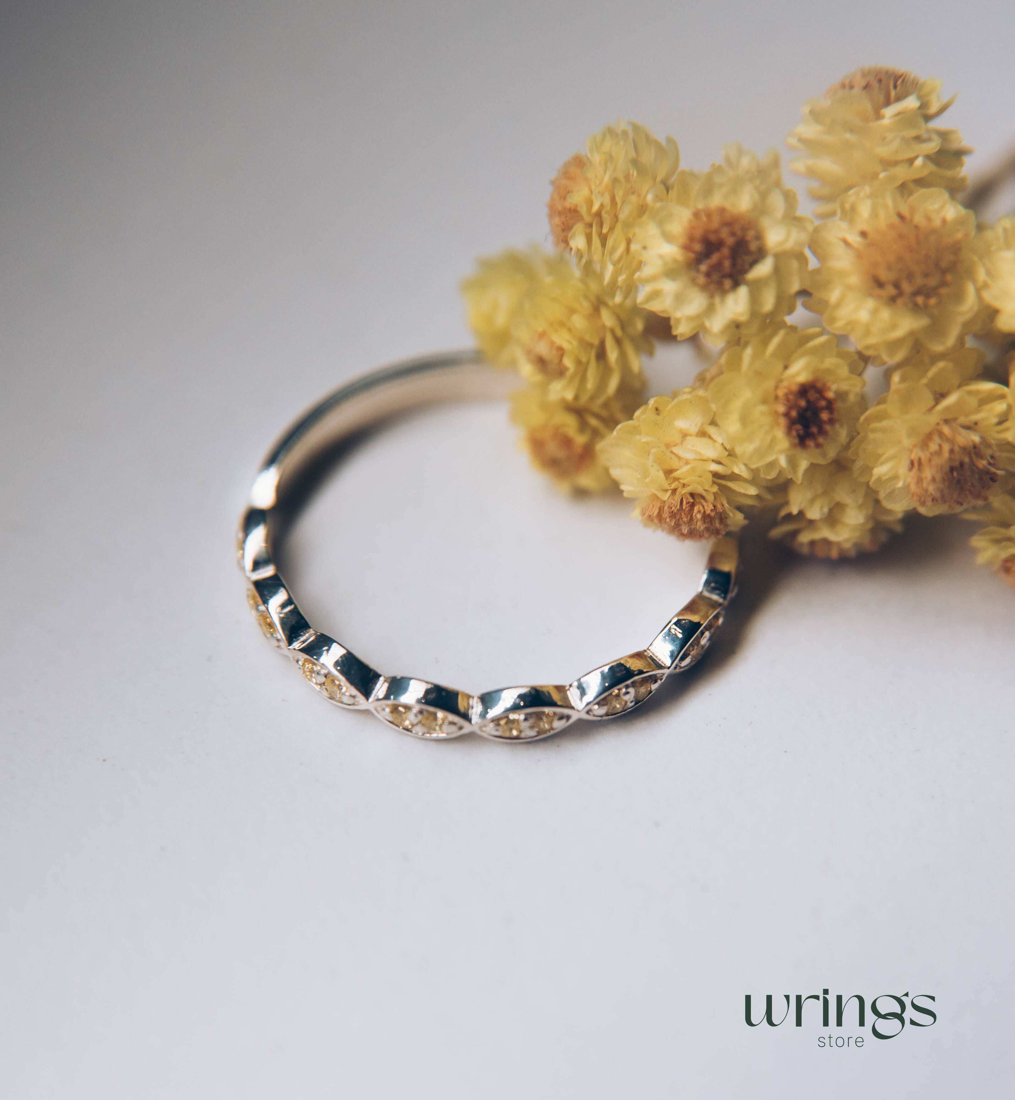 Silver Beaded Band Multiple Yellow Citrine Promise Ring