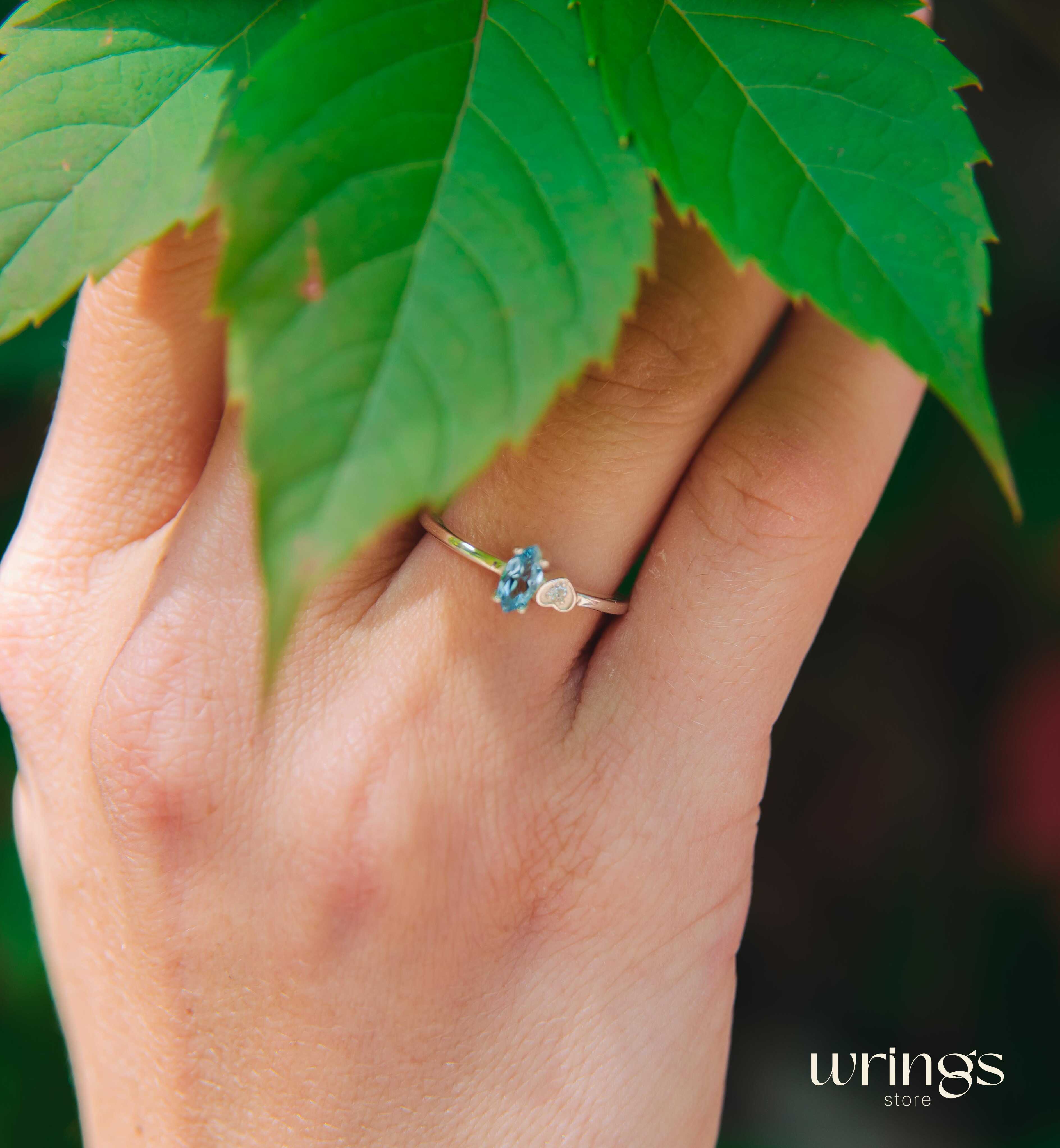 Marquise Blue Topaz Silver Ring & White Stone in Side Heart