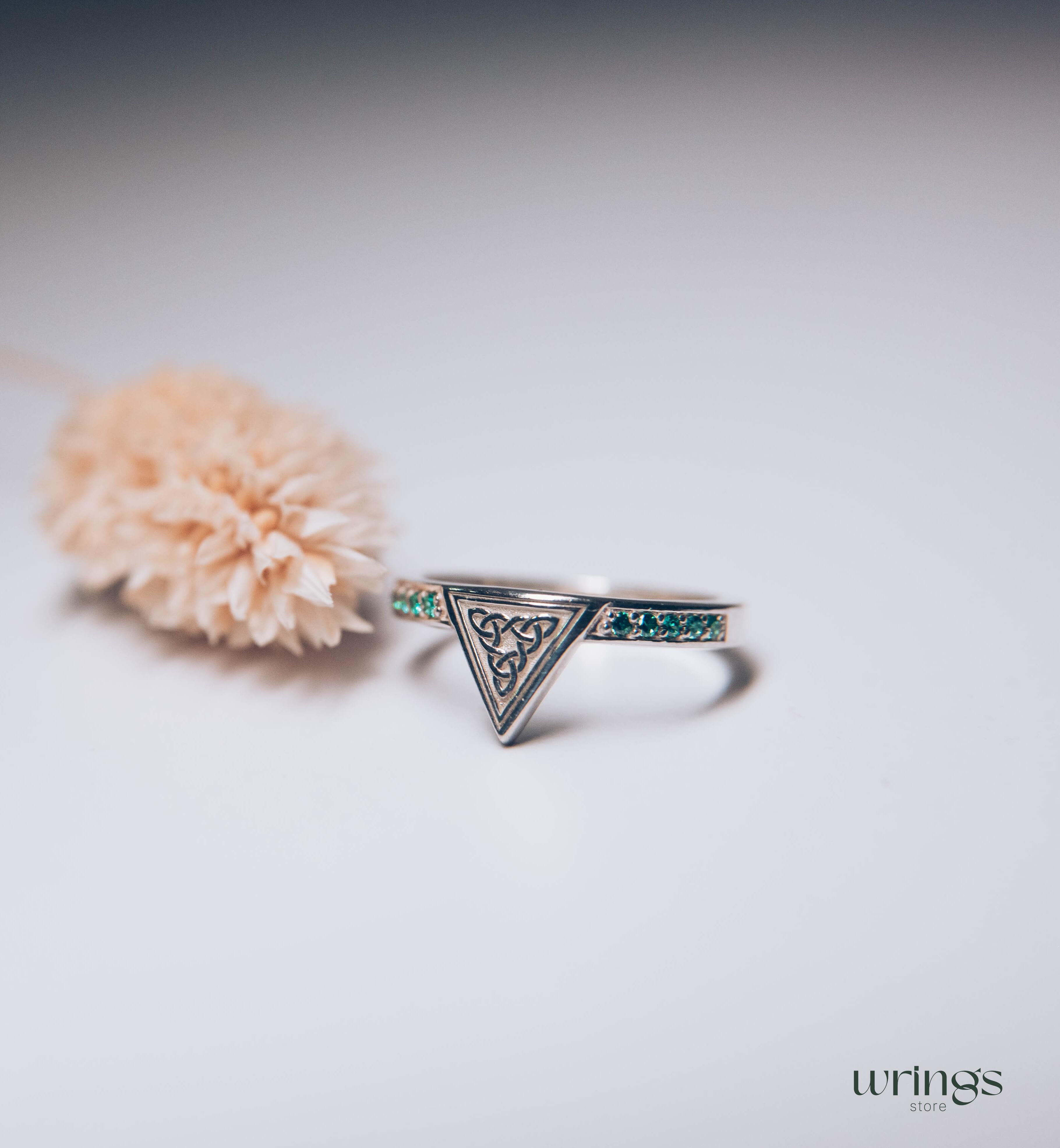 Engraved Celtic Trinity Triangle Ring with Side Emeralds