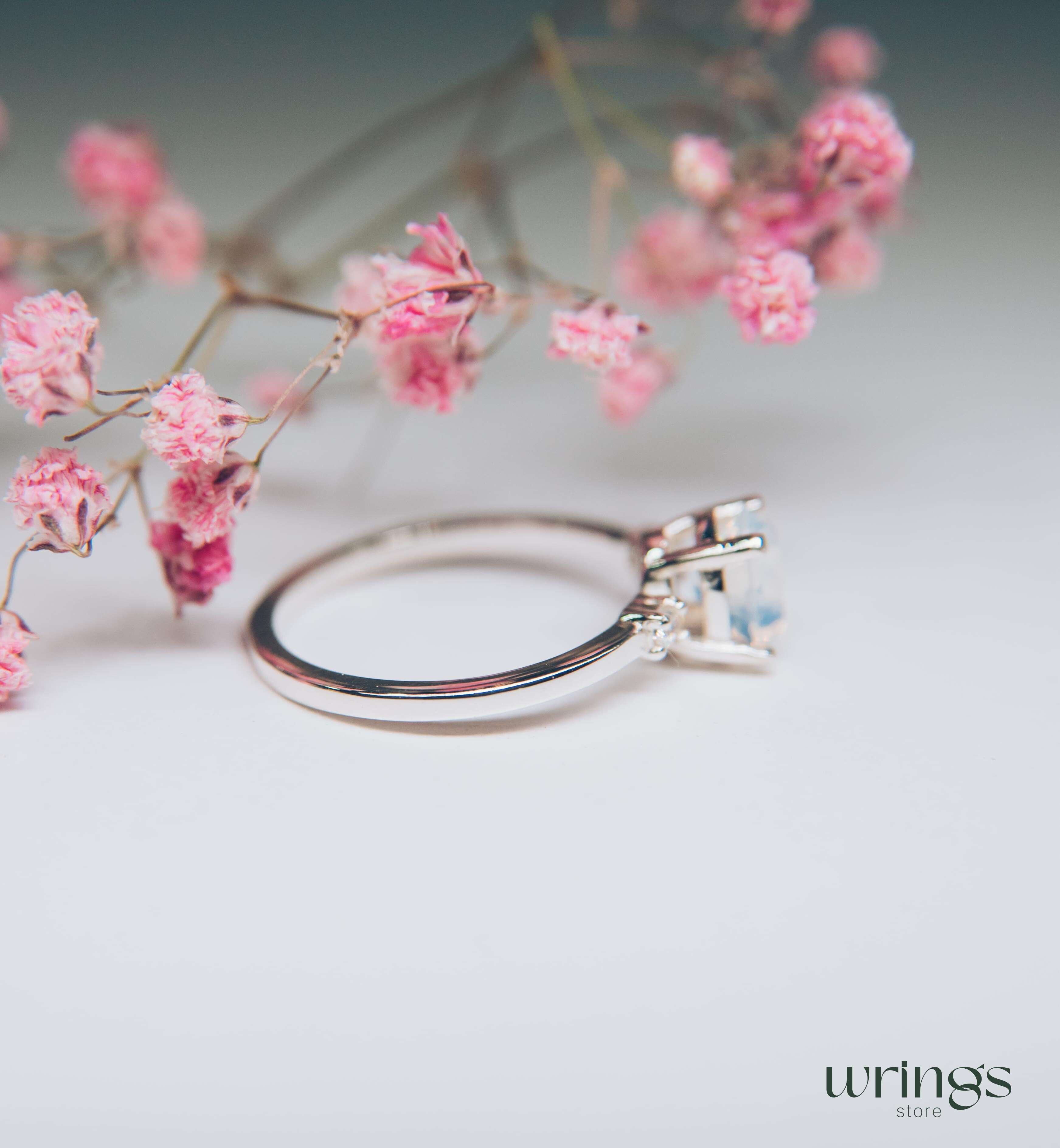 Large Oval Moon Stone & White Side Stones Ring Silver