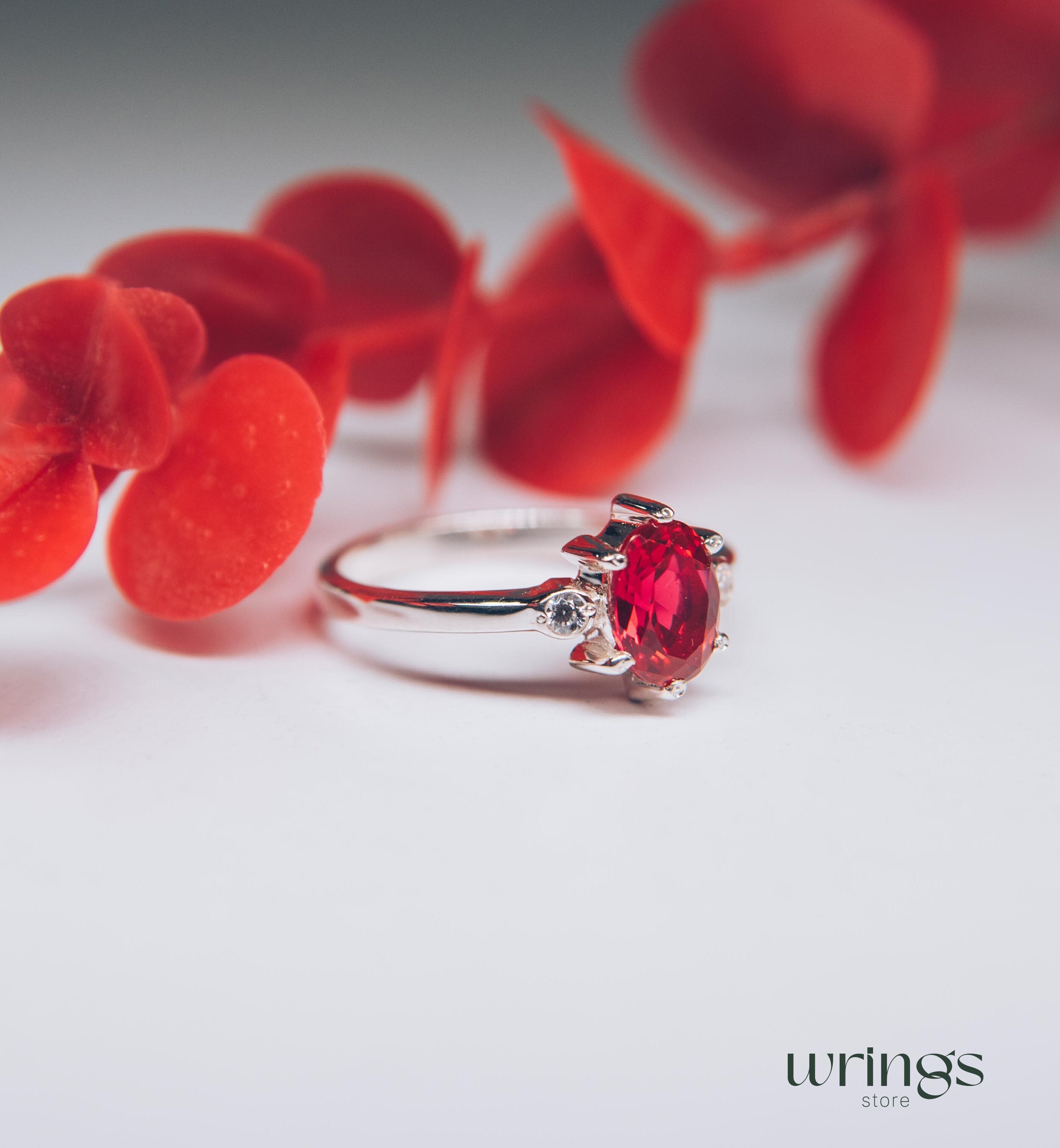 Large Oval cut Red Stone Silver Cocktail Ring & Side Stones