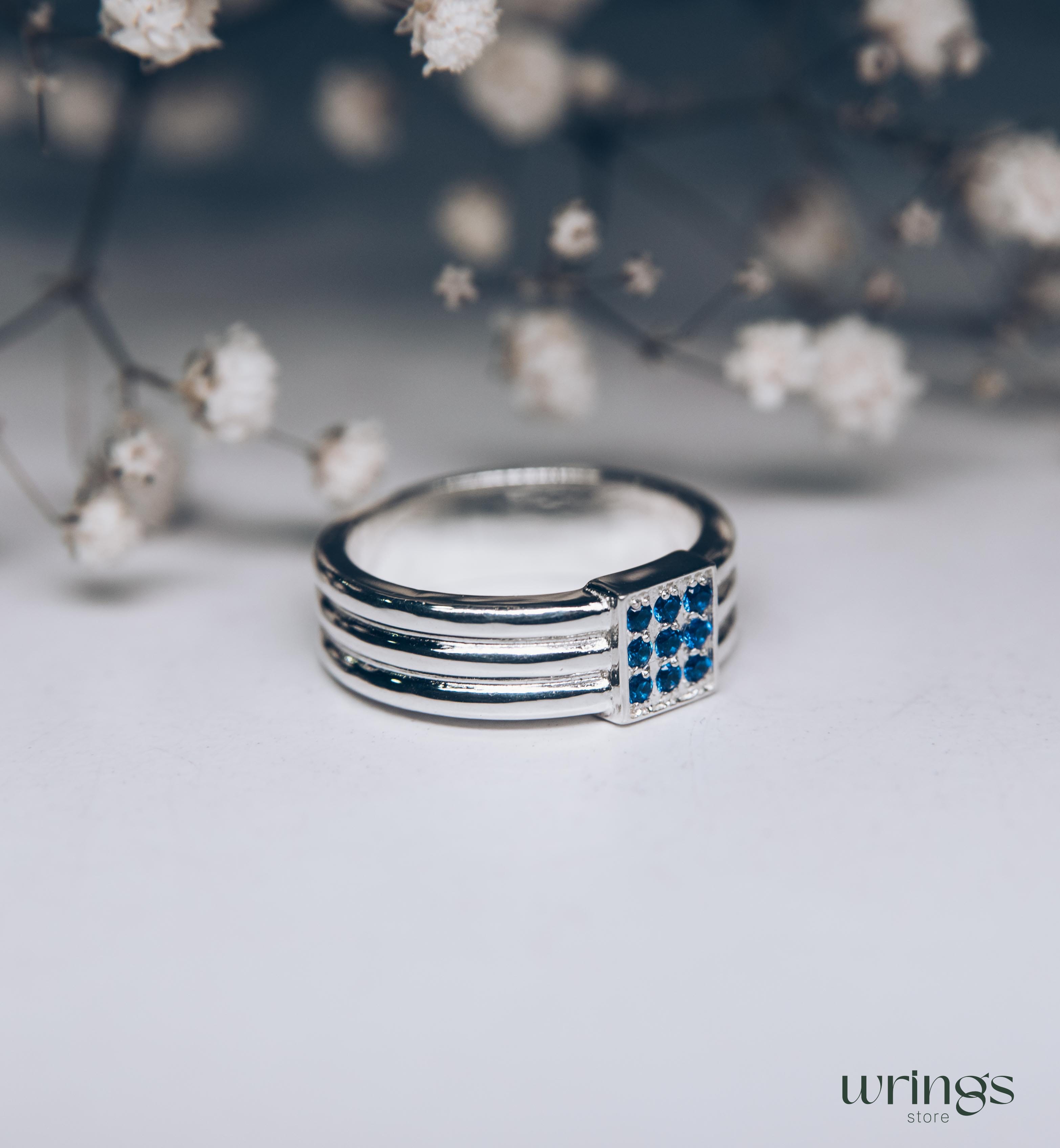 Thick Silver Wedding Band with Natural Blue Sapphires