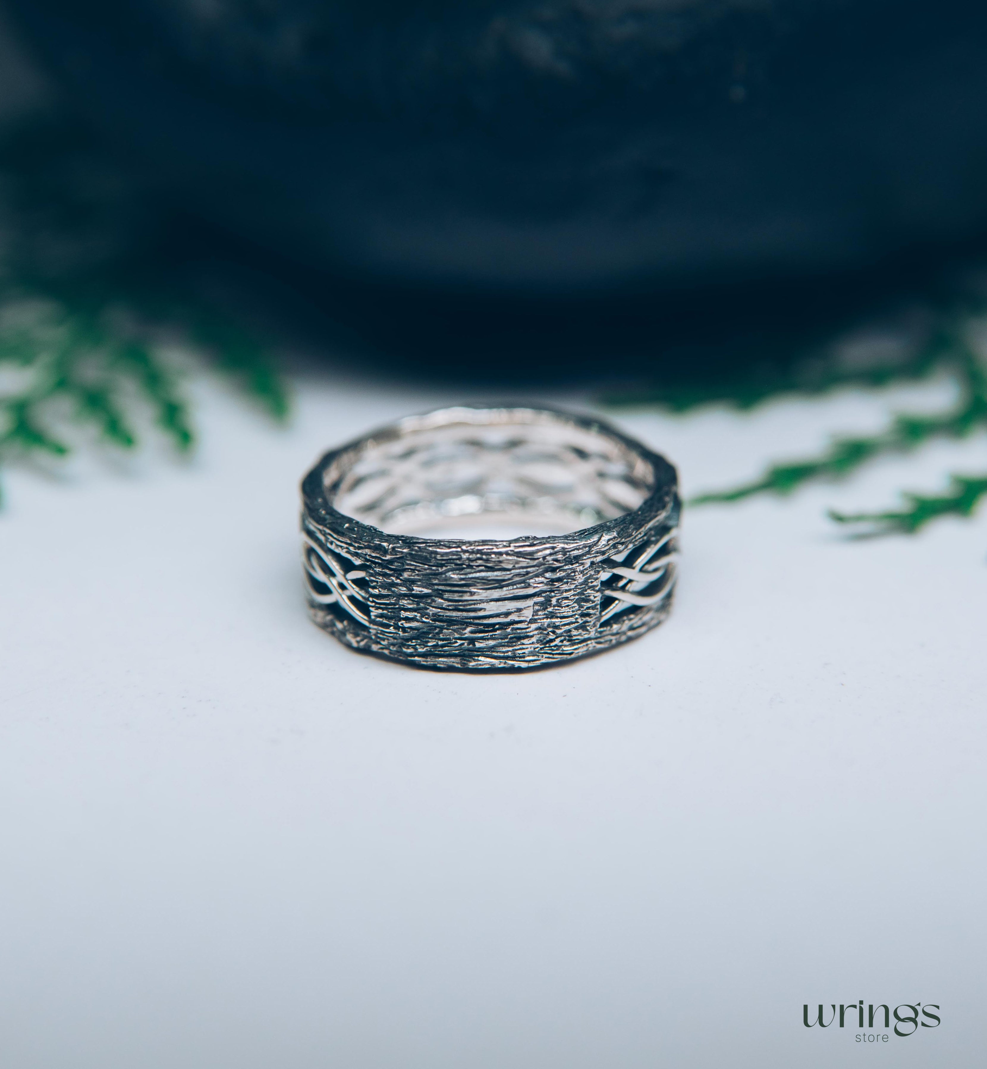 Silver Tree bark and Wavy lines Braided Wedding Band