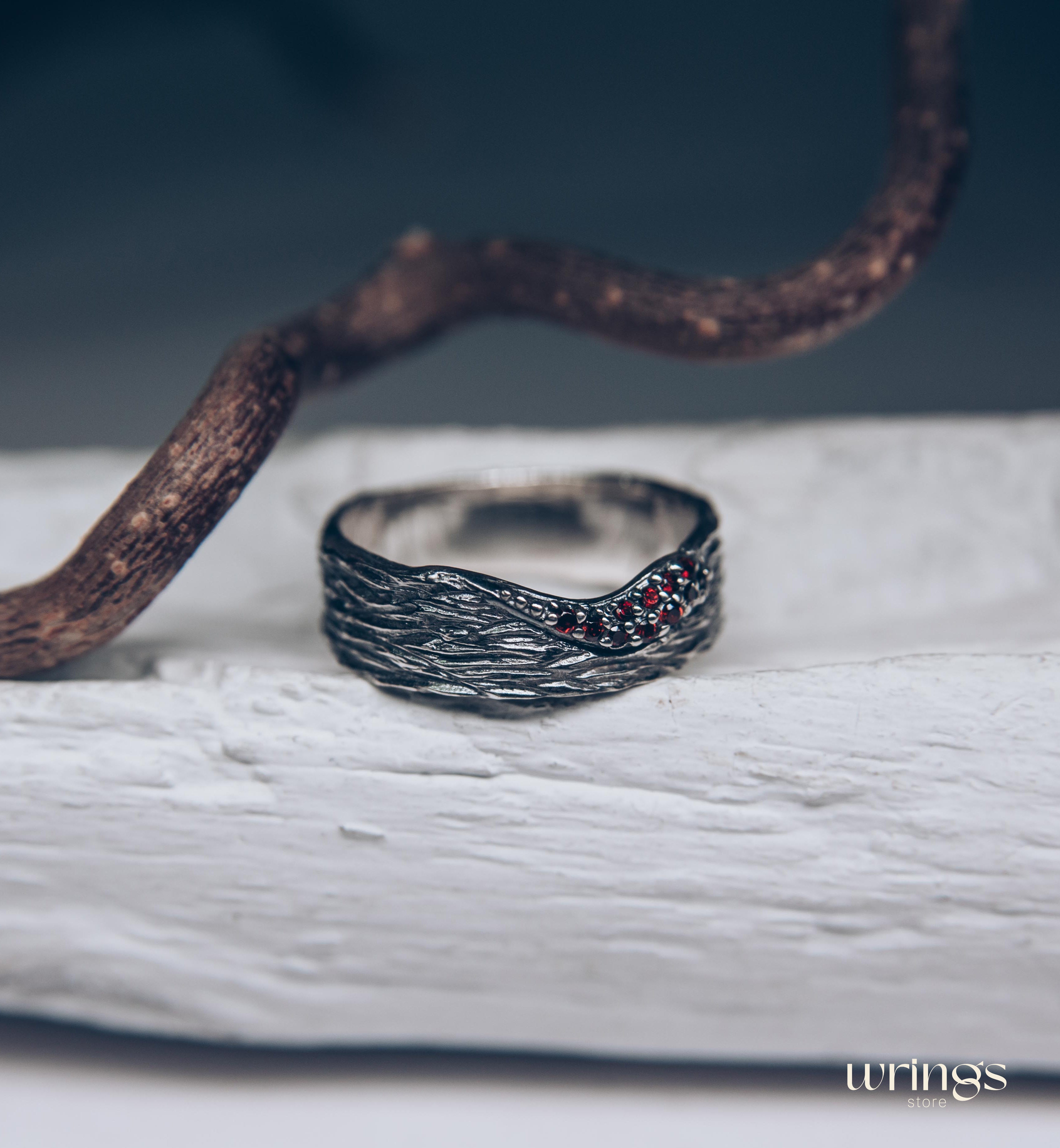 Silver Tree bark Curved Wide Wedding Band with Garnets